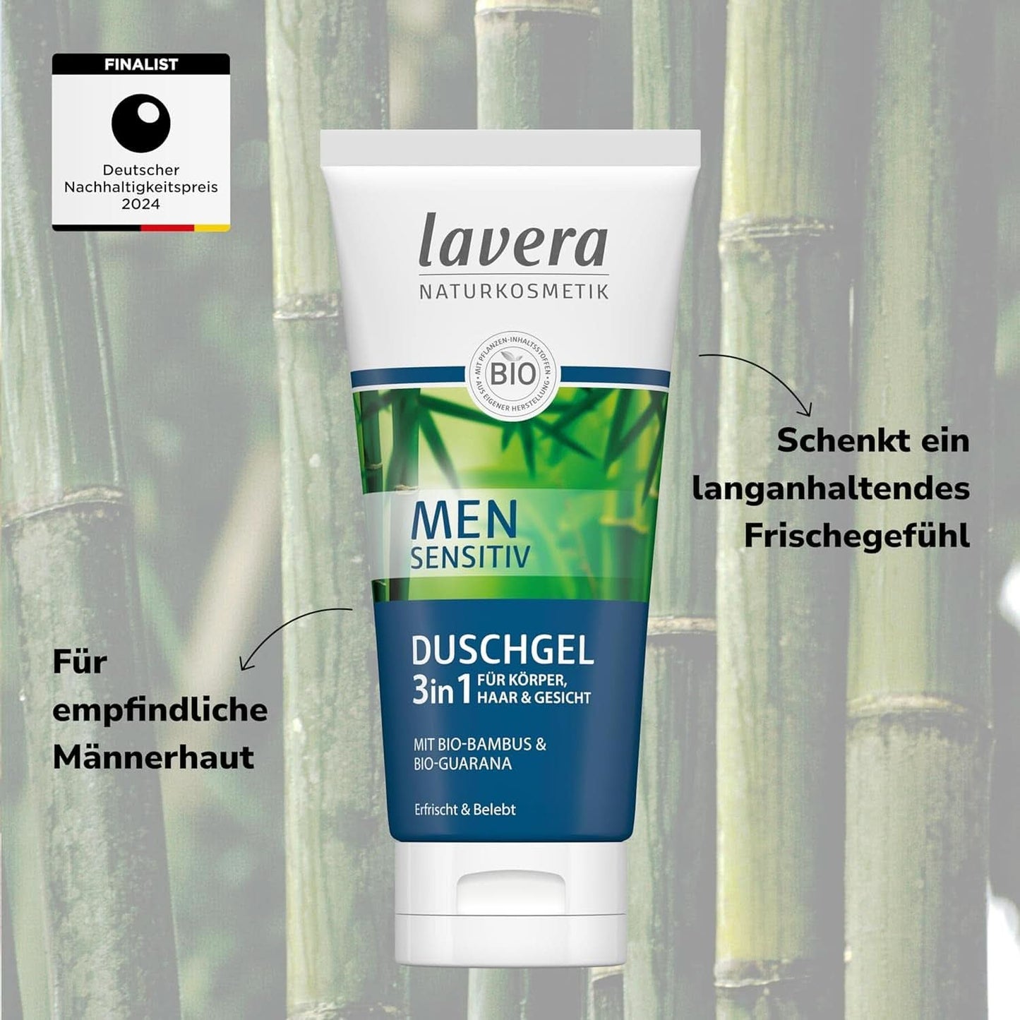 Lavera, Gel de ducha con bambú y guaraná ecológico, 3 en 1, para piel, cabello y rostro, 200 ml Ducha y baño Naty Shop