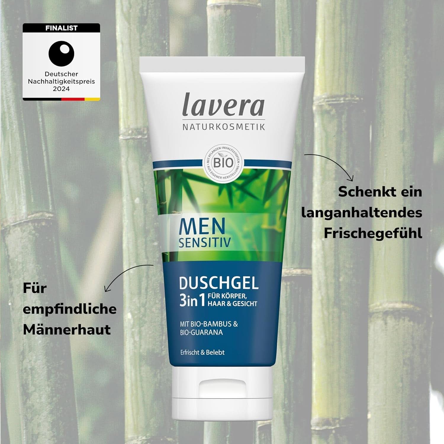 Lavera, Gel de ducha con bambú y guaraná ecológico, 3 en 1, para piel, cabello y rostro, 200 ml Ducha y baño Naty Shop