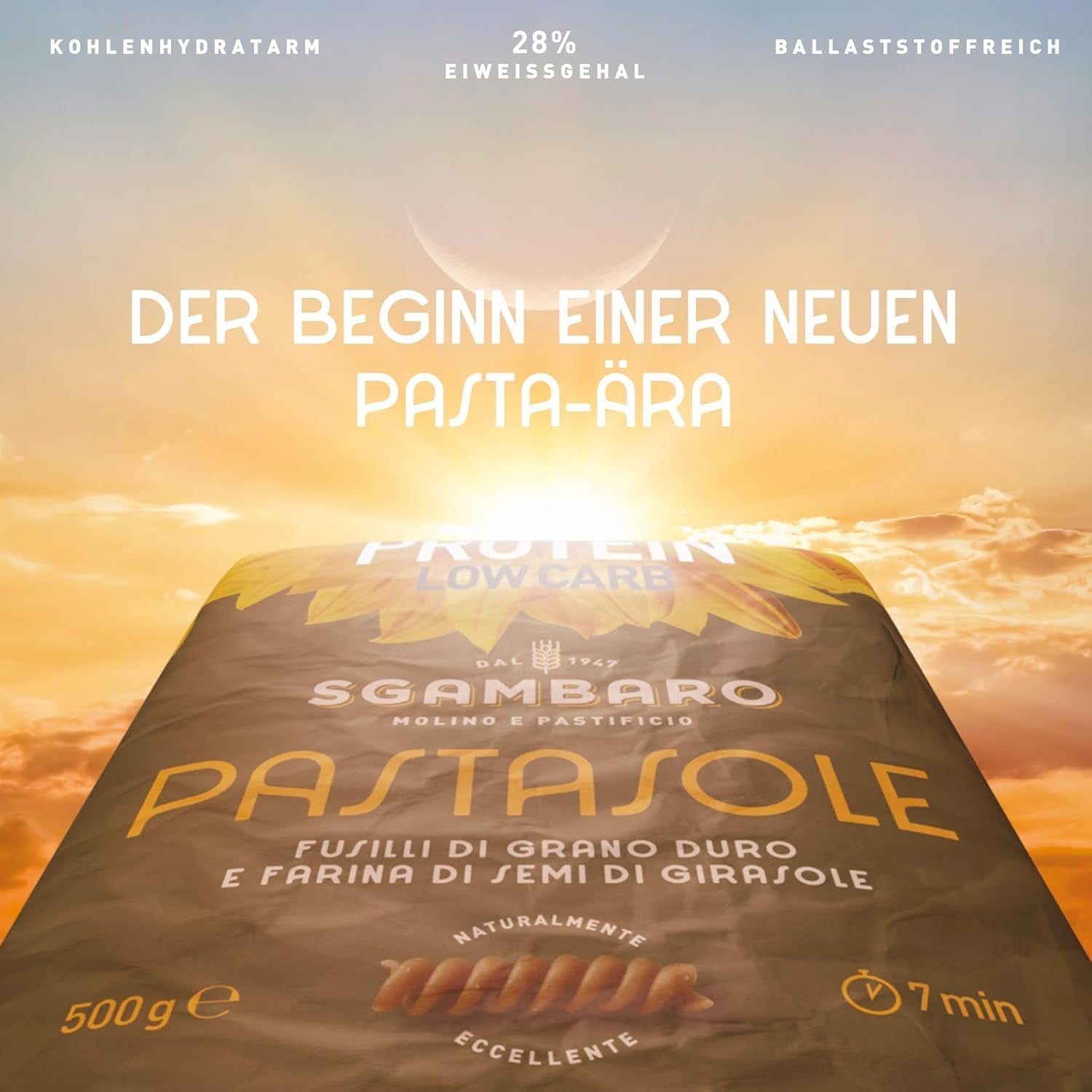 PASTASOLE , Penne Rigate mit Hartweizengrieß aus 100% italienischem Anbau und Sonnenblumenkernmehl - 500g - Alto en proteínas, bajo en carbohidratos, Hoher Ballaststoffgehalt