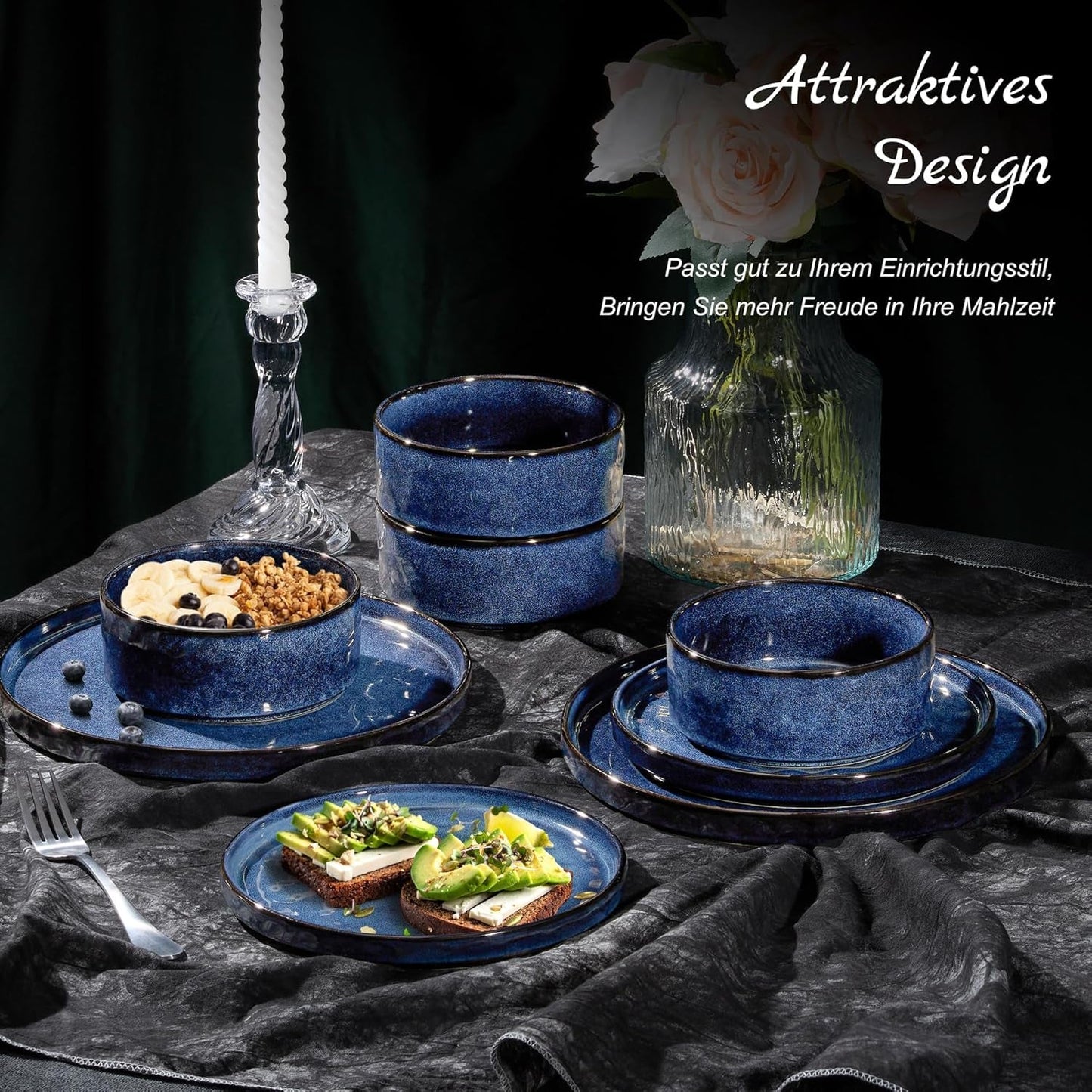 Homikit Juego de Vajilla de 12 Piezas para 4, Combo de Vajilla con Platos, Platos de Postre y Cuencos de Cereal, Apto para Microondas y Lavavajillas, Azul Elegante