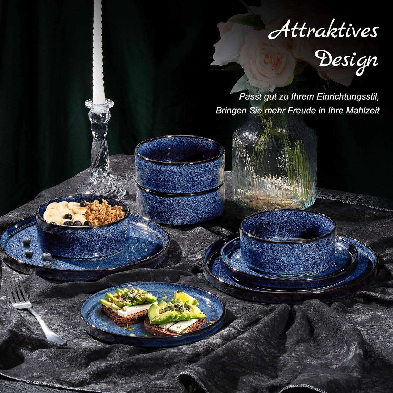 Homikit Juego de Vajilla de 12 Piezas para 4, Combo de Vajilla con Platos, Platos de Postre y Cuencos de Cereal, Apto para Microondas y Lavavajillas, Azul Elegante