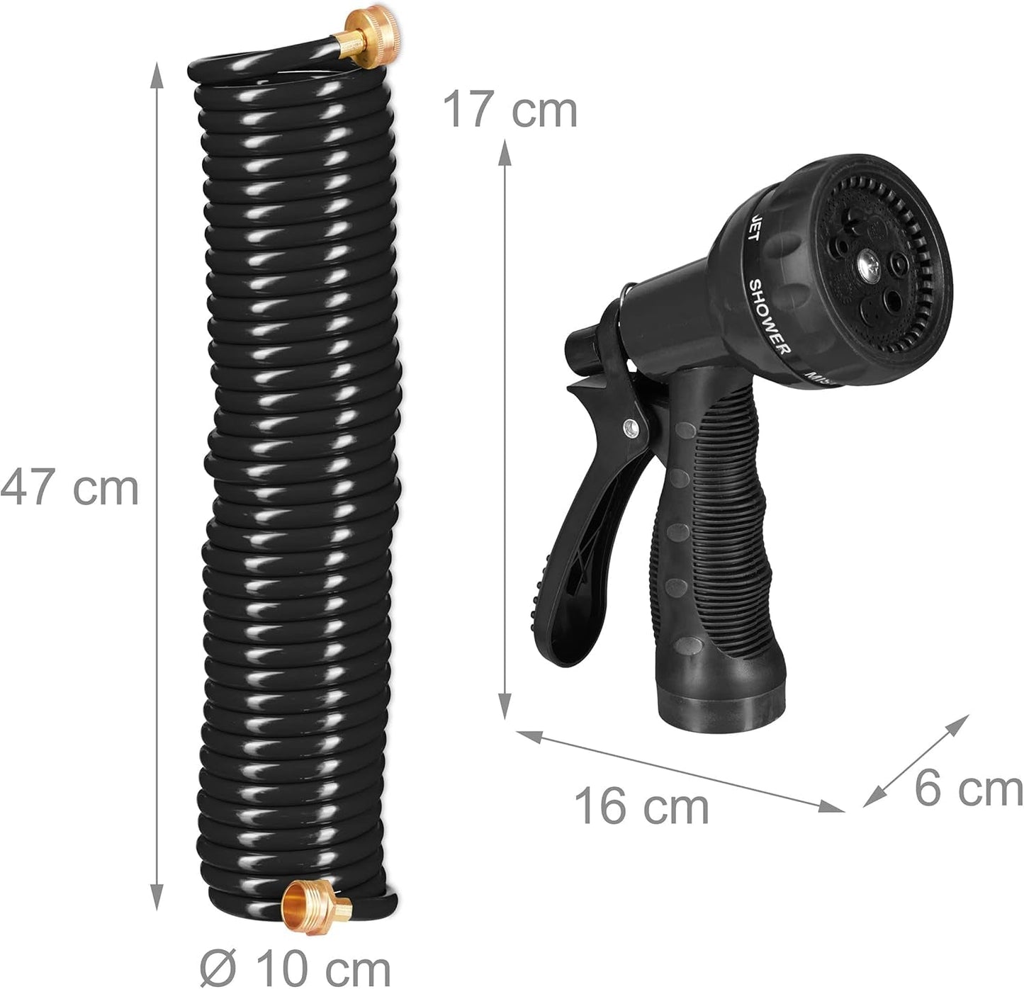 Relaxdays Manguera en espiral extensible hasta 10 m Manguera de jardín flexible con pulverizador de agua 7 patrones de pulverización negro