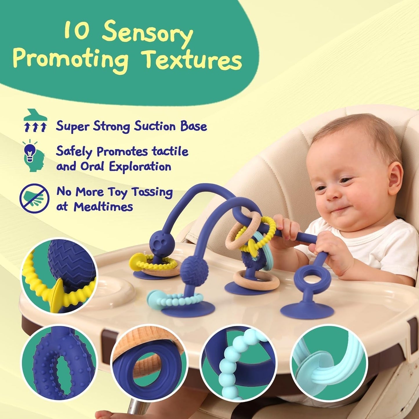 JUMBLE JANGLE Anillo de dentición para bebé: juguete para la dentición del bebé de 3 a 24 meses | Juego de 7 juguetes para masticar sin BPA | Anillo de dentición de silicona refrescante | Juguete infantil con ventosa para trona, mesa y bañera