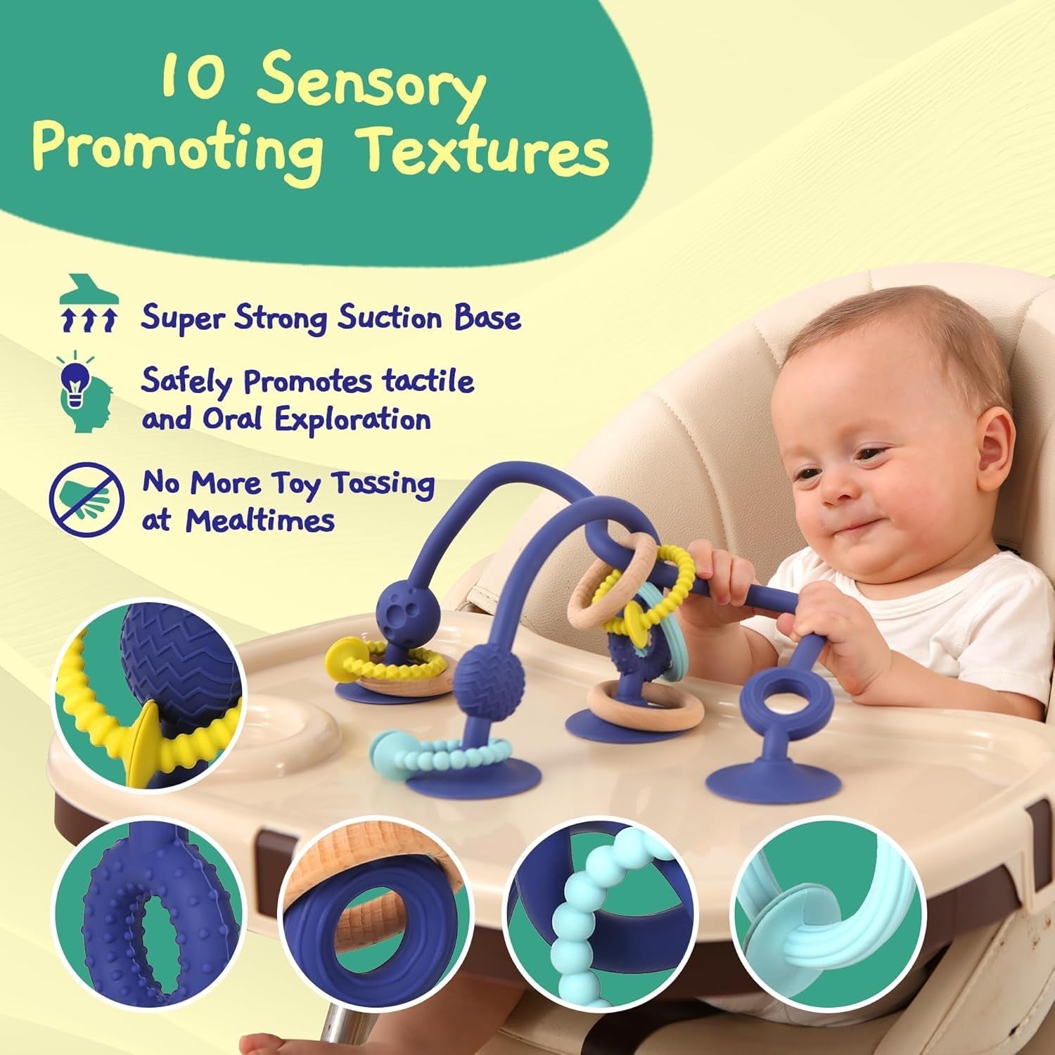 JUMBLE JANGLE Anillo de dentición para bebé: juguete para la dentición del bebé de 3 a 24 meses | Juego de 7 juguetes para masticar sin BPA | Anillo de dentición de silicona refrescante | Juguete infantil con ventosa para trona, mesa y bañera