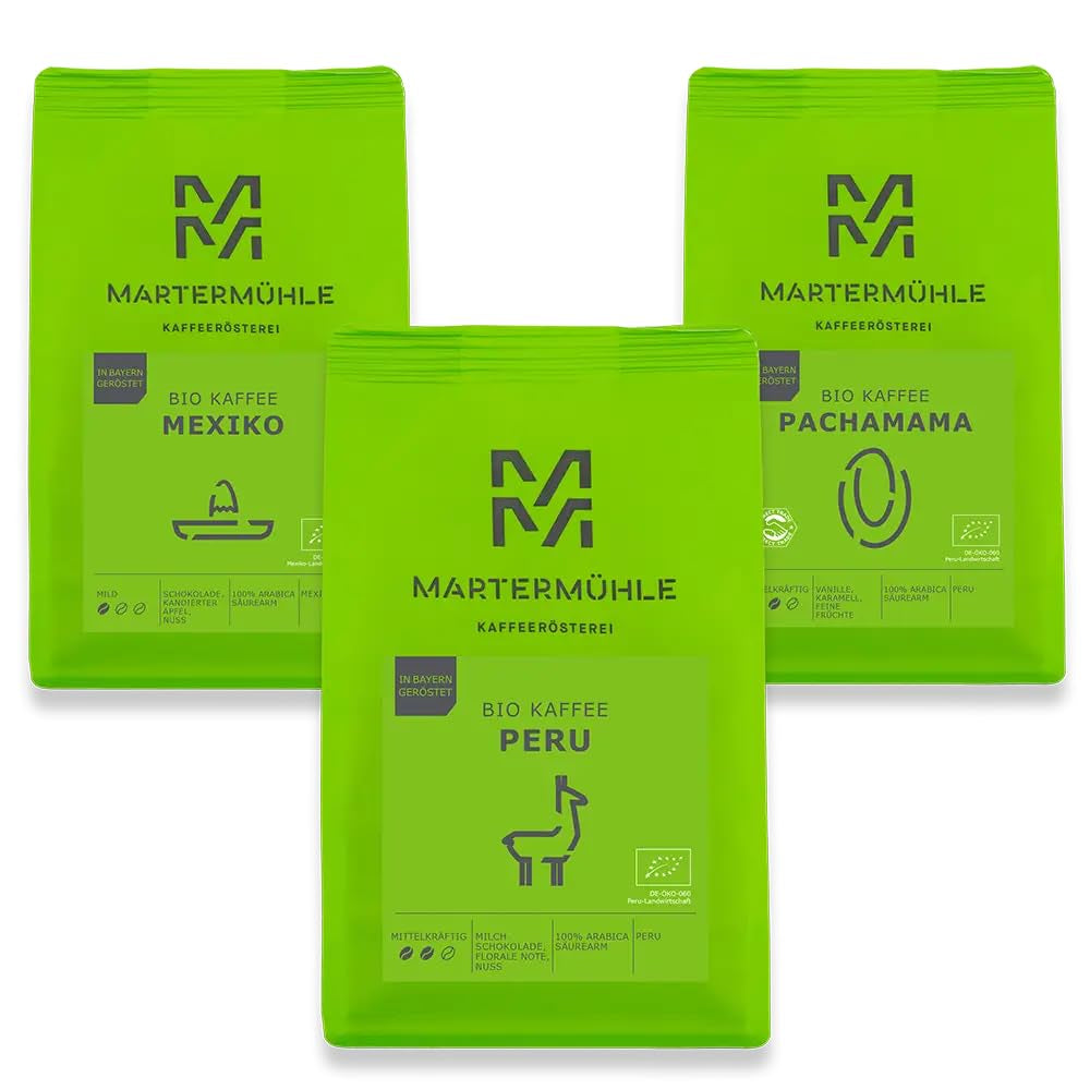 Martermühle set de muestras de café en grano ecológico 3x250g intensidad ligera/media I Arábica I Granos de café ecológico enteros ligeramente tostados, baja acidez (68/74/426)