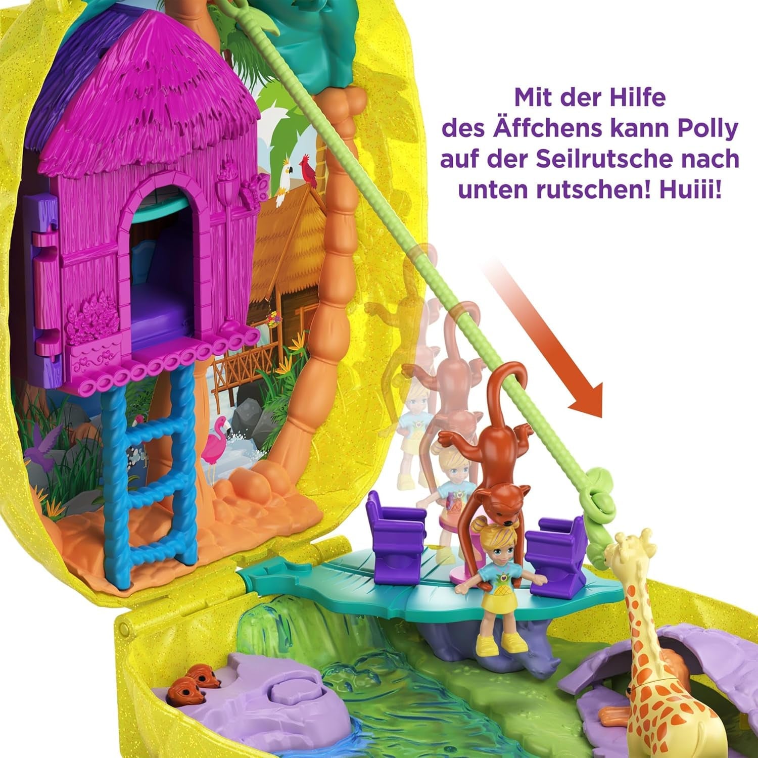 Polly Pocket GKJ64 - Compacto portátil de bolsillo con forma de piña con 8 funciones divertidas, muñecas Polly y Lila, 2 accesorios y hoja de pegatinas; juguete para niños de 4 años en adelante
