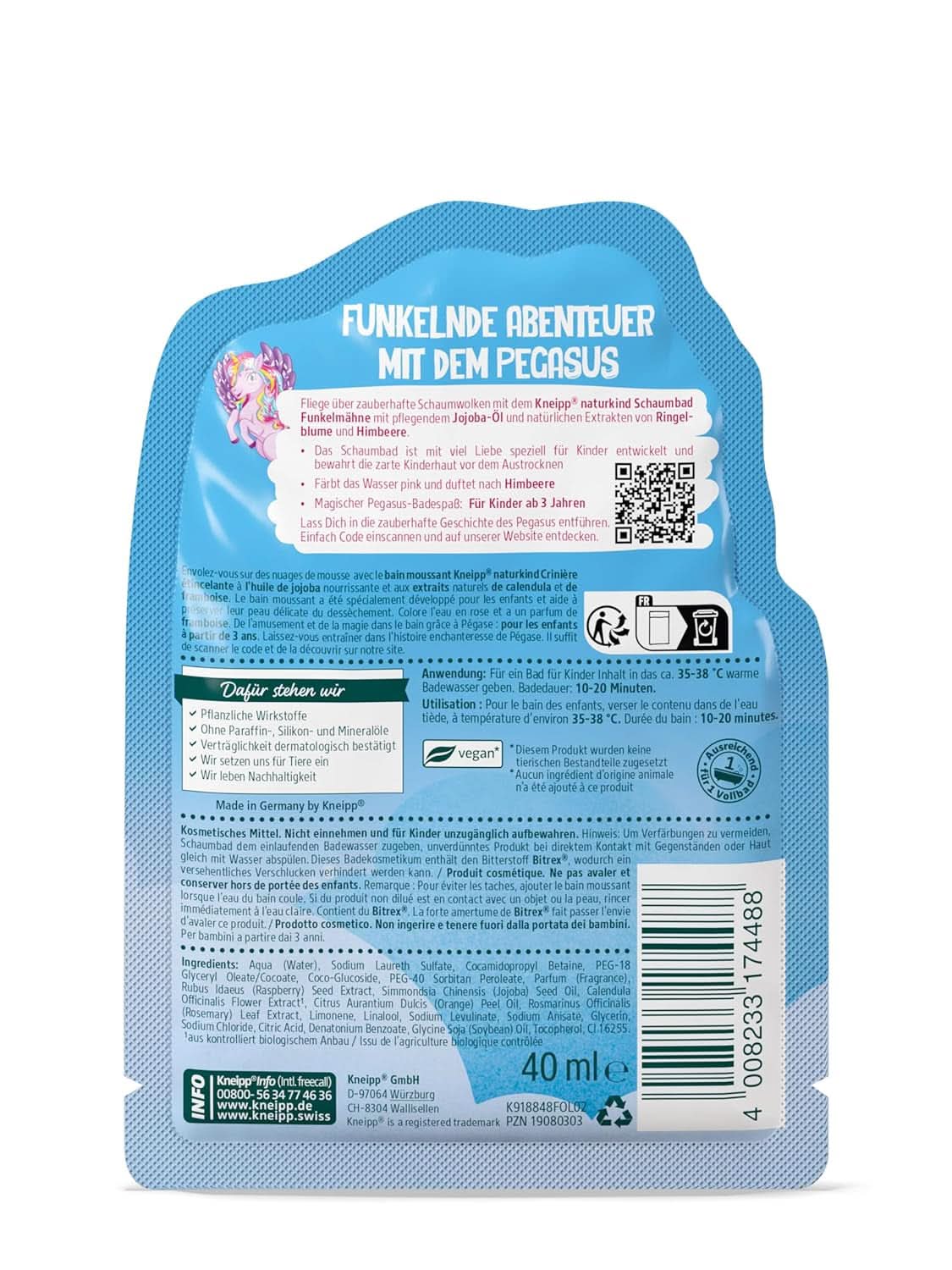 Kneipp Naturkind, aditivo de baño de unicornio para niños con sabor a frambuesa y aceite nutritivo de jojoba, 40 ml Ducha y baño Naty Shop