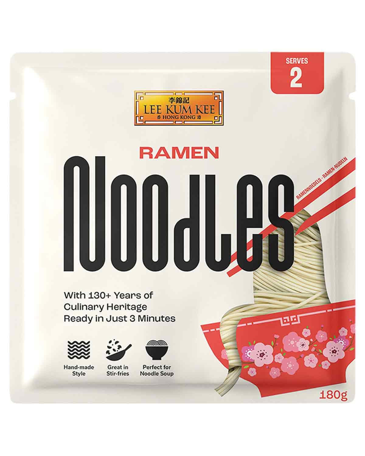 LEE KUM KEE Fideos Ramen - Ramen asiático de textura delicada y fina, el clásico para sopas ramen y platos al wok, fideos semisecos, dos raciones por paquete, multipack de 6 x 180g