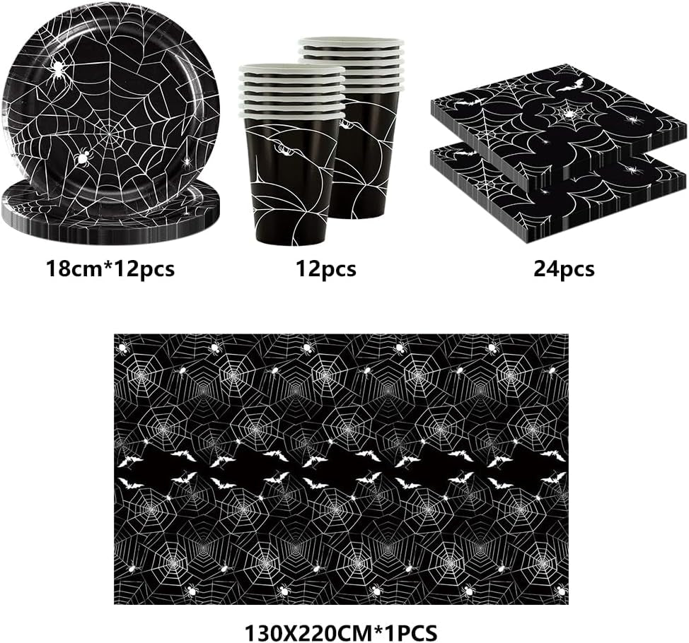 Juego de cubiertos de papel de araña de Halloween de 49 piezas que incluye platos, servilletas, vasos y mantel. Vajilla negra con platos de postre, servilletas y vasos.