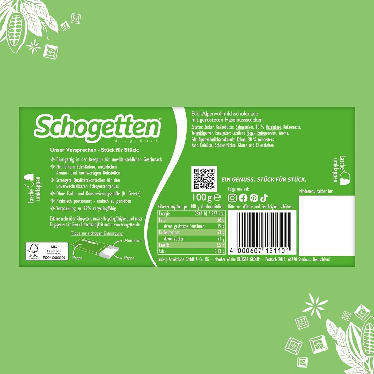 Chocolate con leche alpino Schogetten Premium con avellanas, barra de chocolate de 100 g, en porciones individuales. Una delicia. Pieza por pieza.