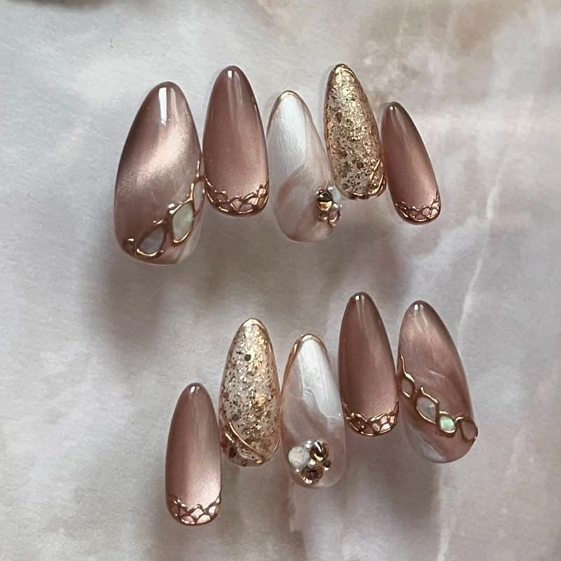 Moonglow Uñas Postizas Magnéticas Cortas, Rosa Almendra Rojo Degradado Brillo Ojo de Gato con Pegamento, Rosa Rojo Ombre Brillo Fototerapia Uñas Artificiales para Mujeres y Niñas
