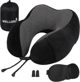 WELLGRO Juego de almohadas cervicales con máscara para dormir 3D y tapones para los oídos - Funda extraíble - Espuma viscoelástica - Cierre de cremallera - Incluye bolsa de almacenamiento - Almohada de viaje - Color a elegir, color:gris Naty Shop Almohadas cervicales ortopédicas negro