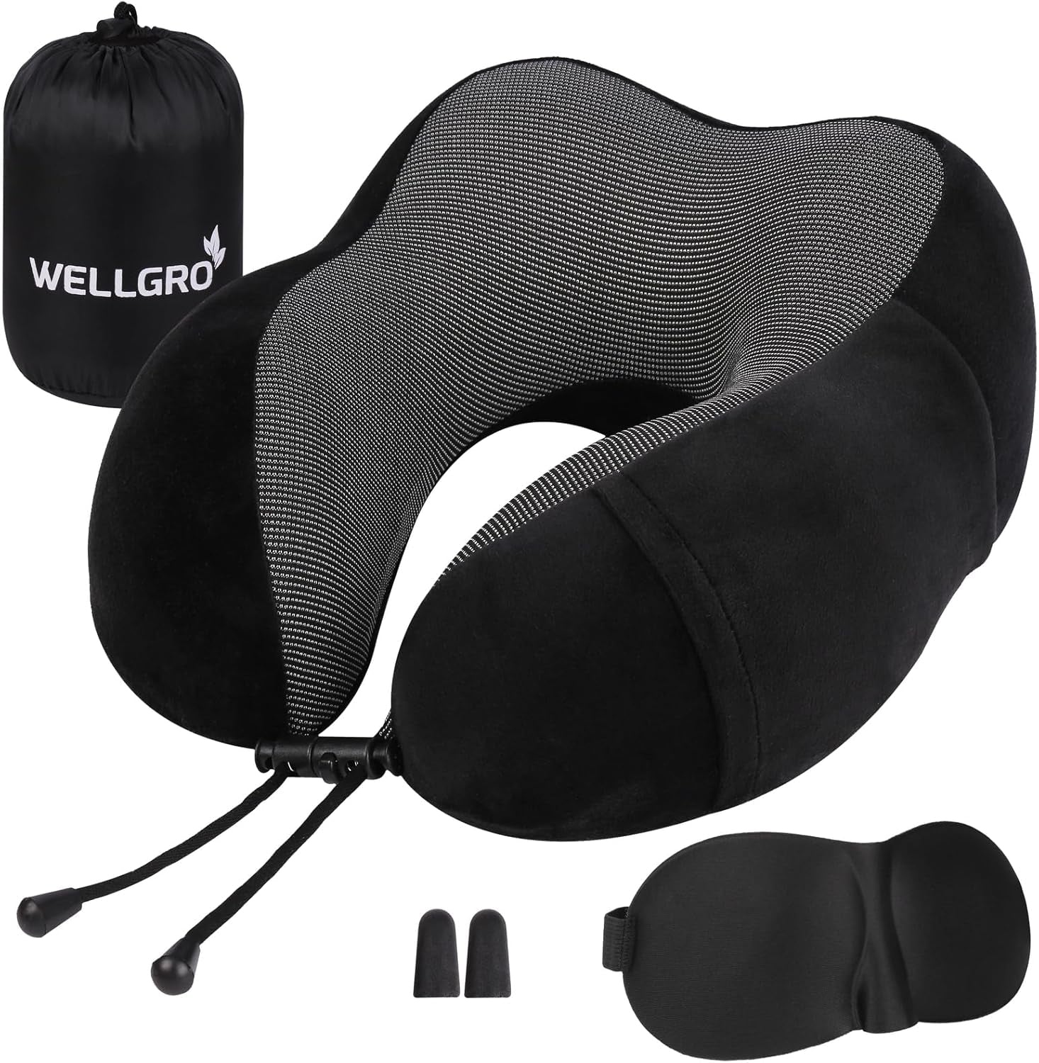 WELLGRO Juego de almohadas cervicales con máscara para dormir 3D y tapones para los oídos - Funda extraíble - Espuma viscoelástica - Cierre de cremallera - Incluye bolsa de almacenamiento - Almohada de viaje - Color a elegir, color:gris Naty Shop Almohadas cervicales ortopédicas negro
