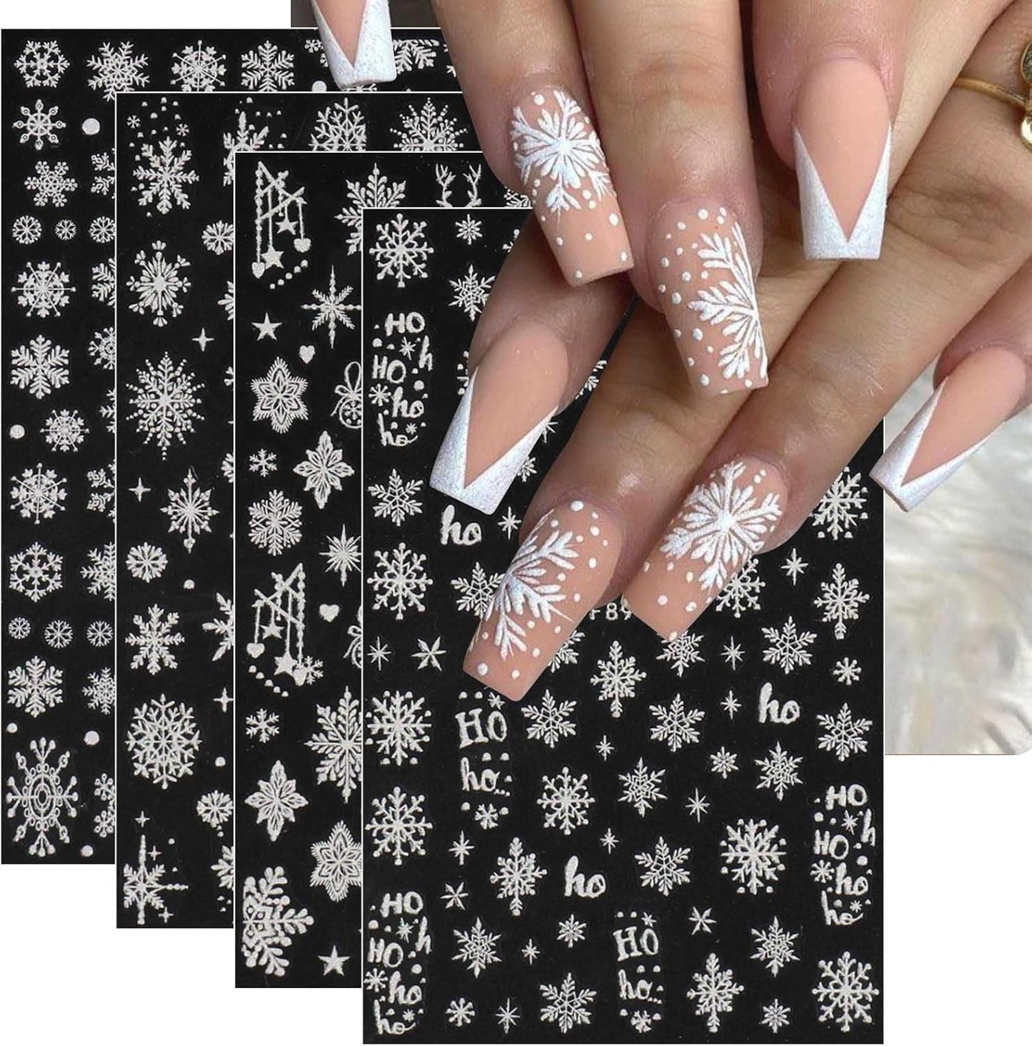 JMEOWIO Nagelsticker Weihnachten Weiß Glitter 8 Blatt Nail Art Sticker Selbstklebend Nagelaufkleber Schneeflocke Decoración navideña Nageldesign Zubehör