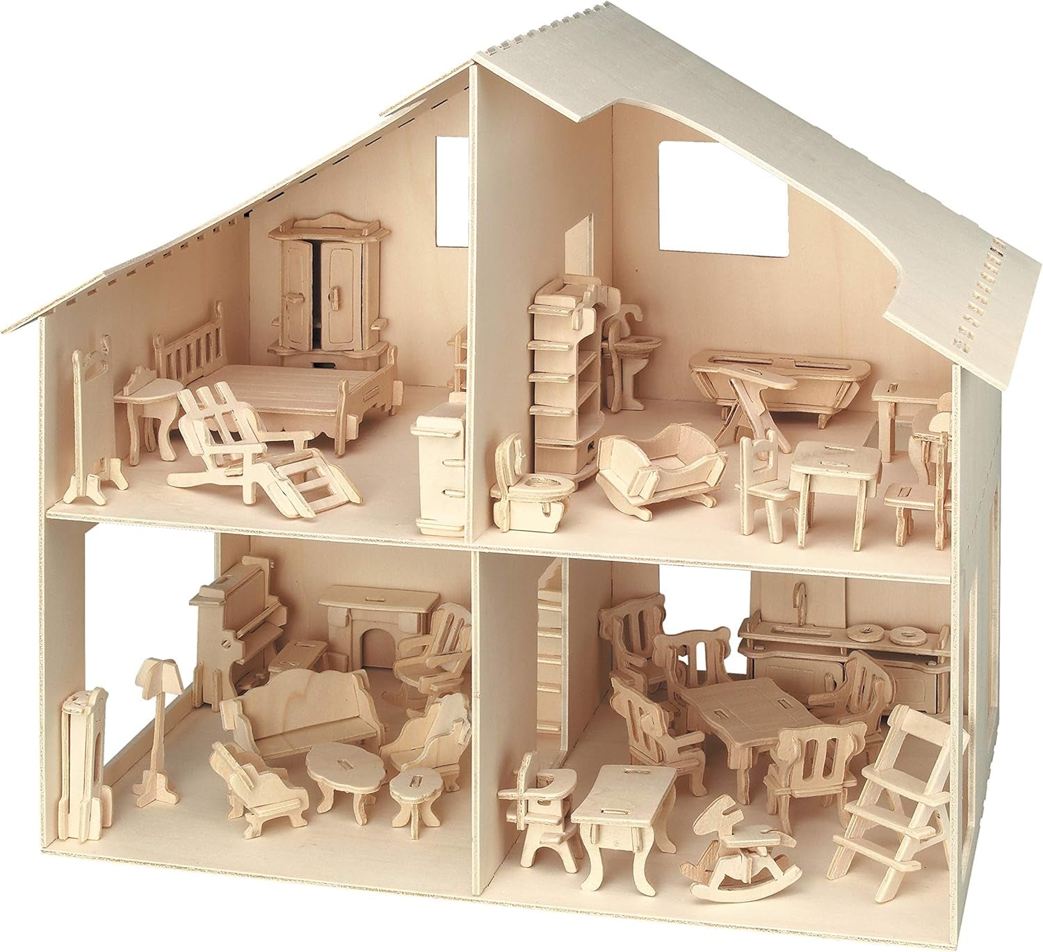 Pebaro Donau Elektronik _M880 Puzzle 3D Casa de Muñecas con Muebles, 30 x 30 x 30 cm, Natural