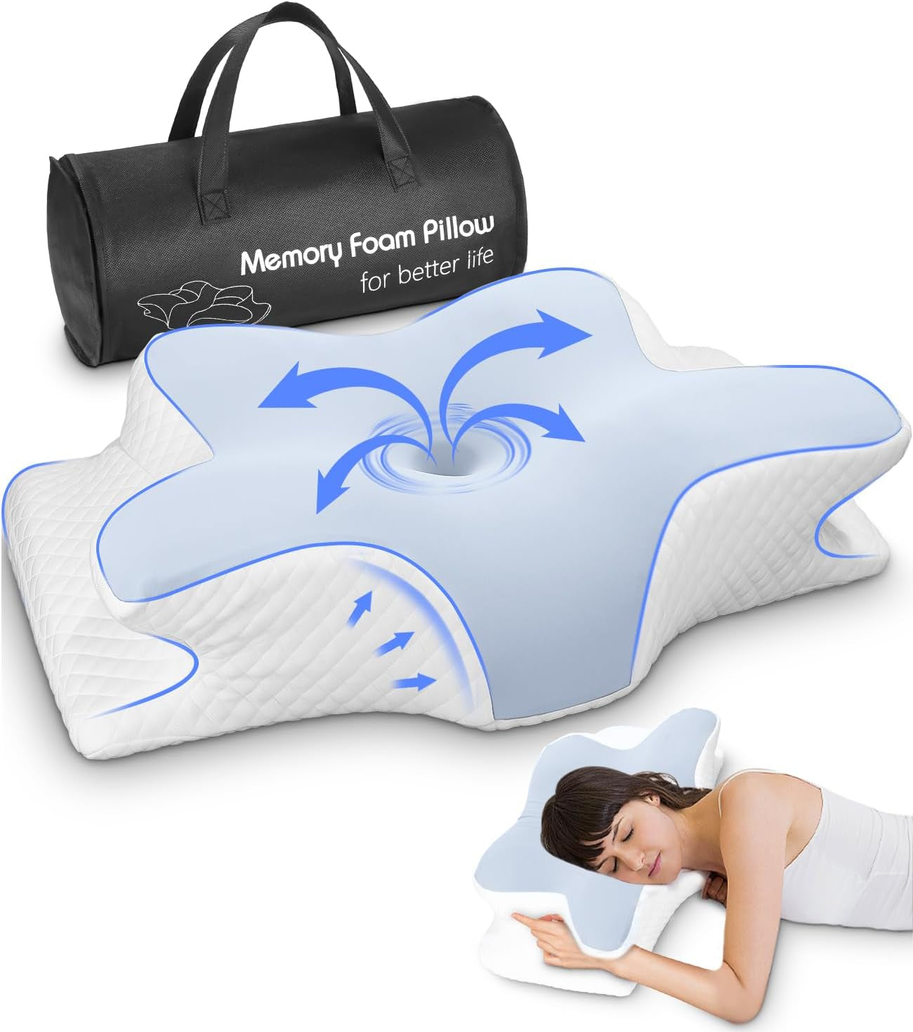 Almohada para el cuello, almohada de apoyo lateral, almohada de espuma viscoelástica, almohada ortopédica, almohada ergonómica de apoyo para el cuello para un soporte óptimo Almohada de apoyo lateral para la espalda y el estómago (62 x 41 x 13 cm) Almohadas ortopédicas cervicales Naty Shop Azul