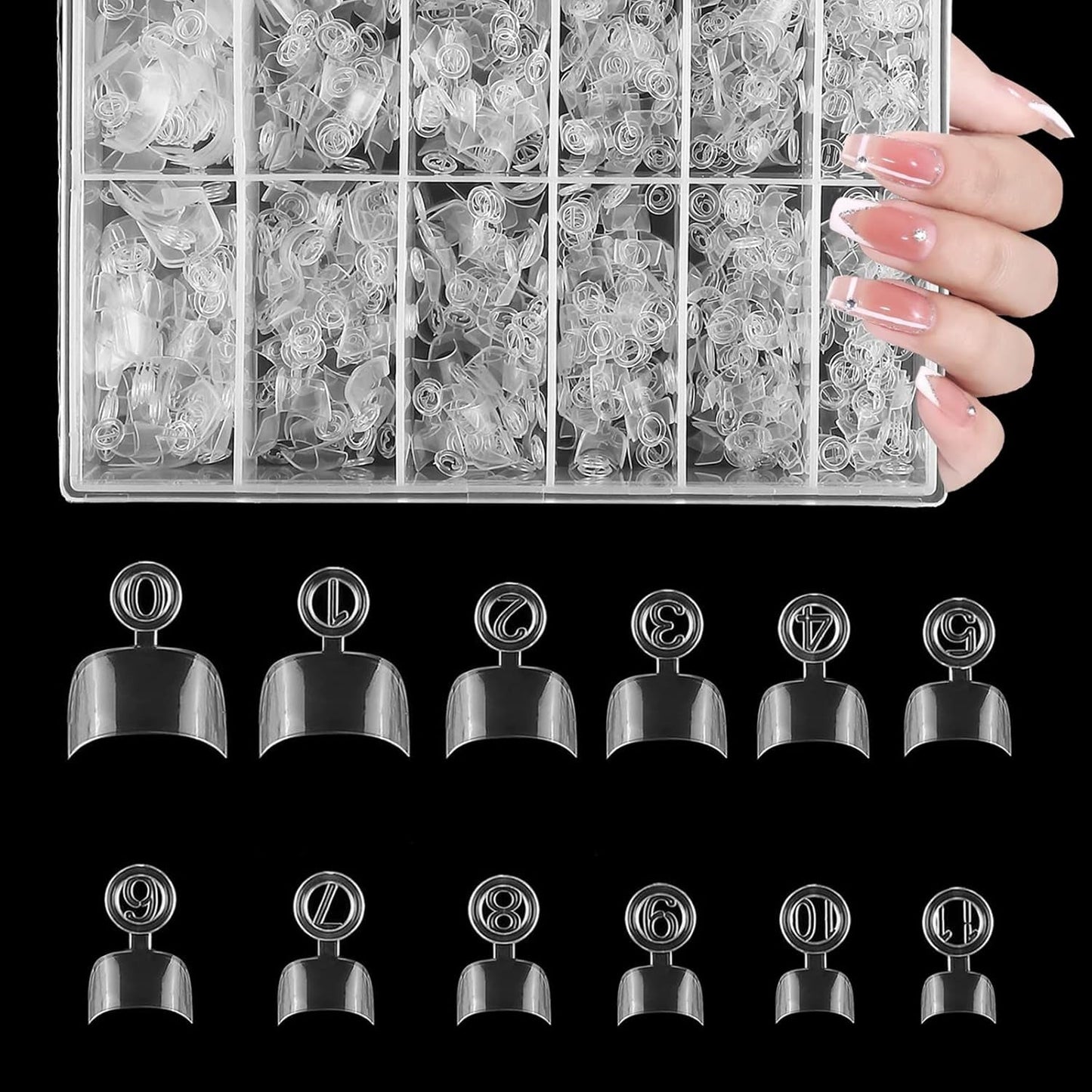 600 Uds. Puntas de uñas postizas ovaladas, 12 tamaños, puntas de uñas cortas, media cubierta francesa, puntas de uñas postizas para salón de uñas DIY transparente
