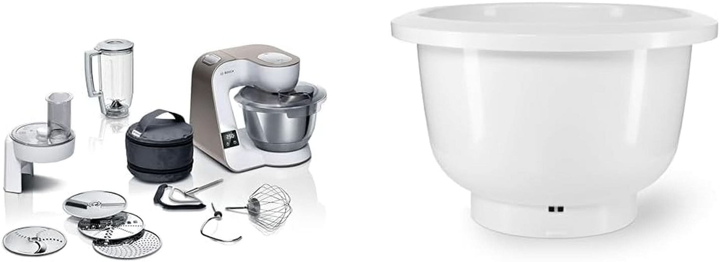 Bosch Serie 4 MUM5X720 robot de cocina, báscula integrada, bol de acero inoxidable 3,9L, batidora 1,25L, 1000W Accesorios Alimentación y Lactancia Baby Naty Shop Paquete con vaso Blanco Champán 2 accesorios