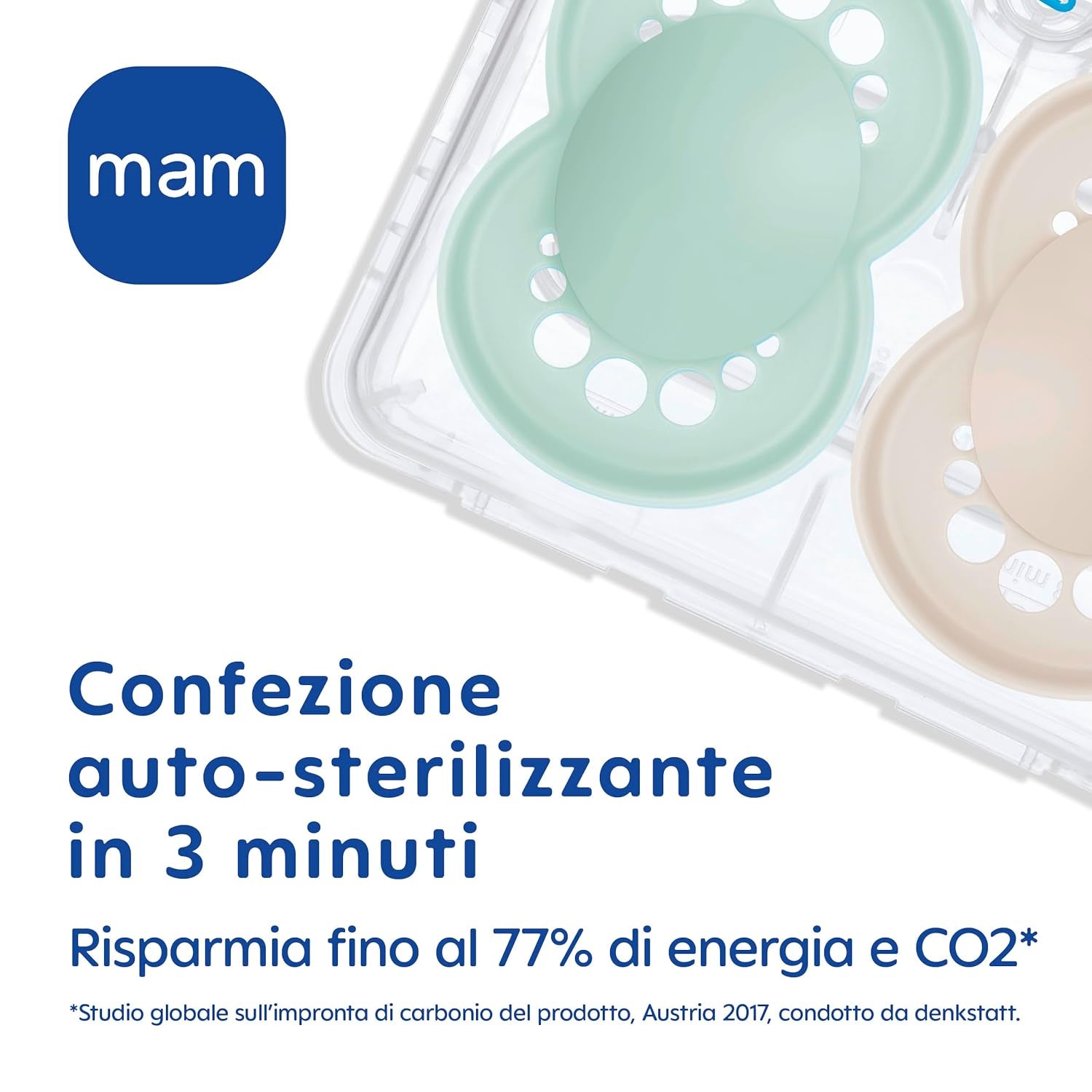 Chupete MAM 6+ meses (paquete de 2) MAM 6-16 meses brilla en la oscuridad con tetina de goma, paquete de 2 con soporte para chupete esterilizante, azul claro/azul claro