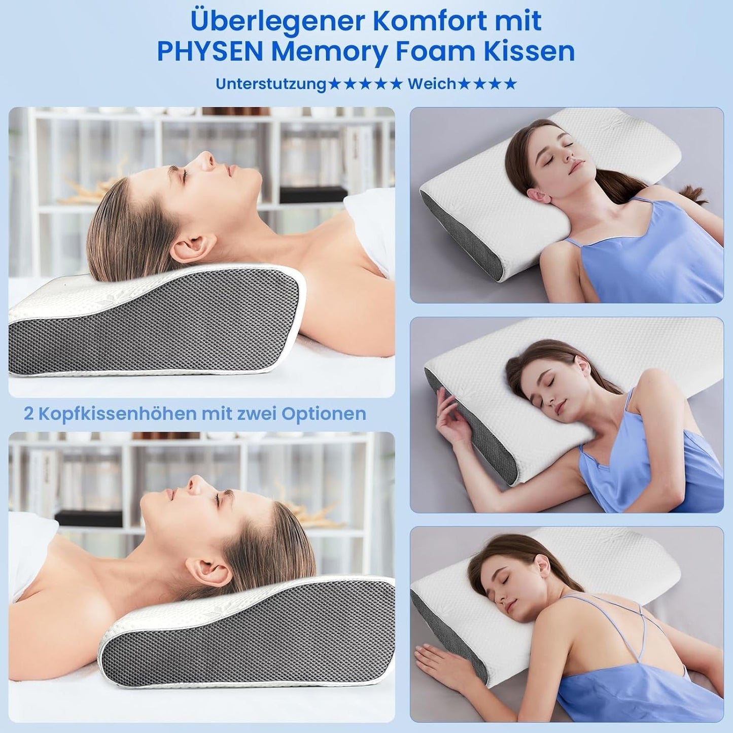 PHYSEN Almohada Ortopédica Almohada para el Cuello, Almohada de Soporte para el Cuello, Almohada de Espuma con Memoria, Almohada Ergonómica para el Dolor de Cuello Almohada para Dormir Almohada Antironquidos para Lados, Espalda y Abdomen (62*34*11 6.5CM) Almohadas Ortopédicas Cervicales Naty Shop