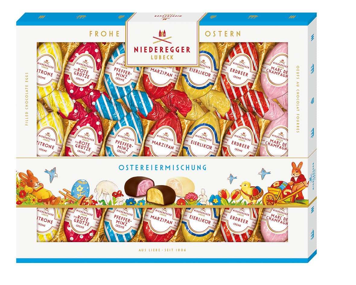 Niederegger | Mezcla de huevos de Pascua | 1 x 262 g | Huevos de Pascua con varios rellenos de mazapán y praliné | Cubierto con chocolate negro y blanco | regalo de pascua