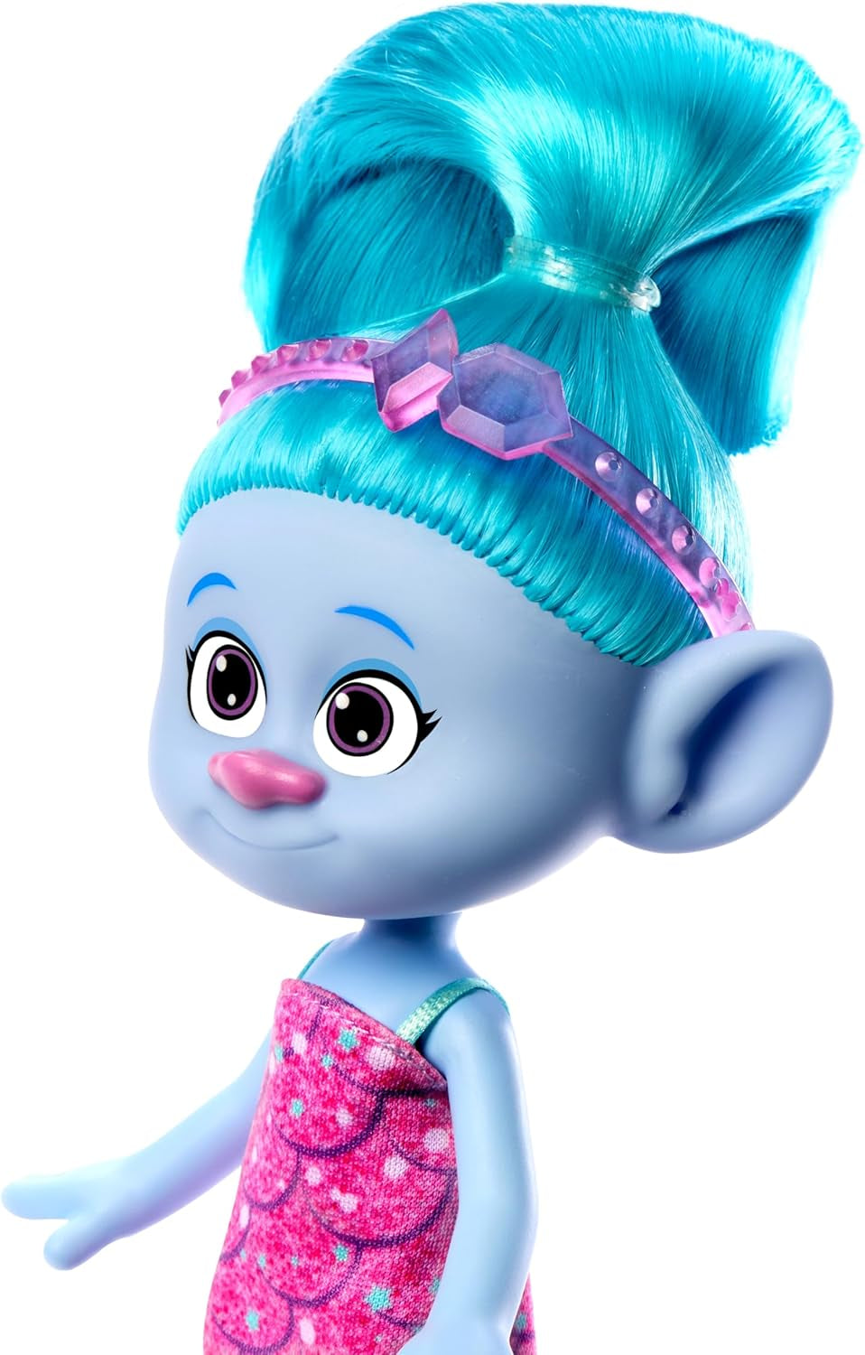 Mattel DREAMWORKS TROLLS United We Stand - Muñeca Hairy Surprises de chenilla con cabello azul brillante, diadema morada, a partir de 3 años, HNF15