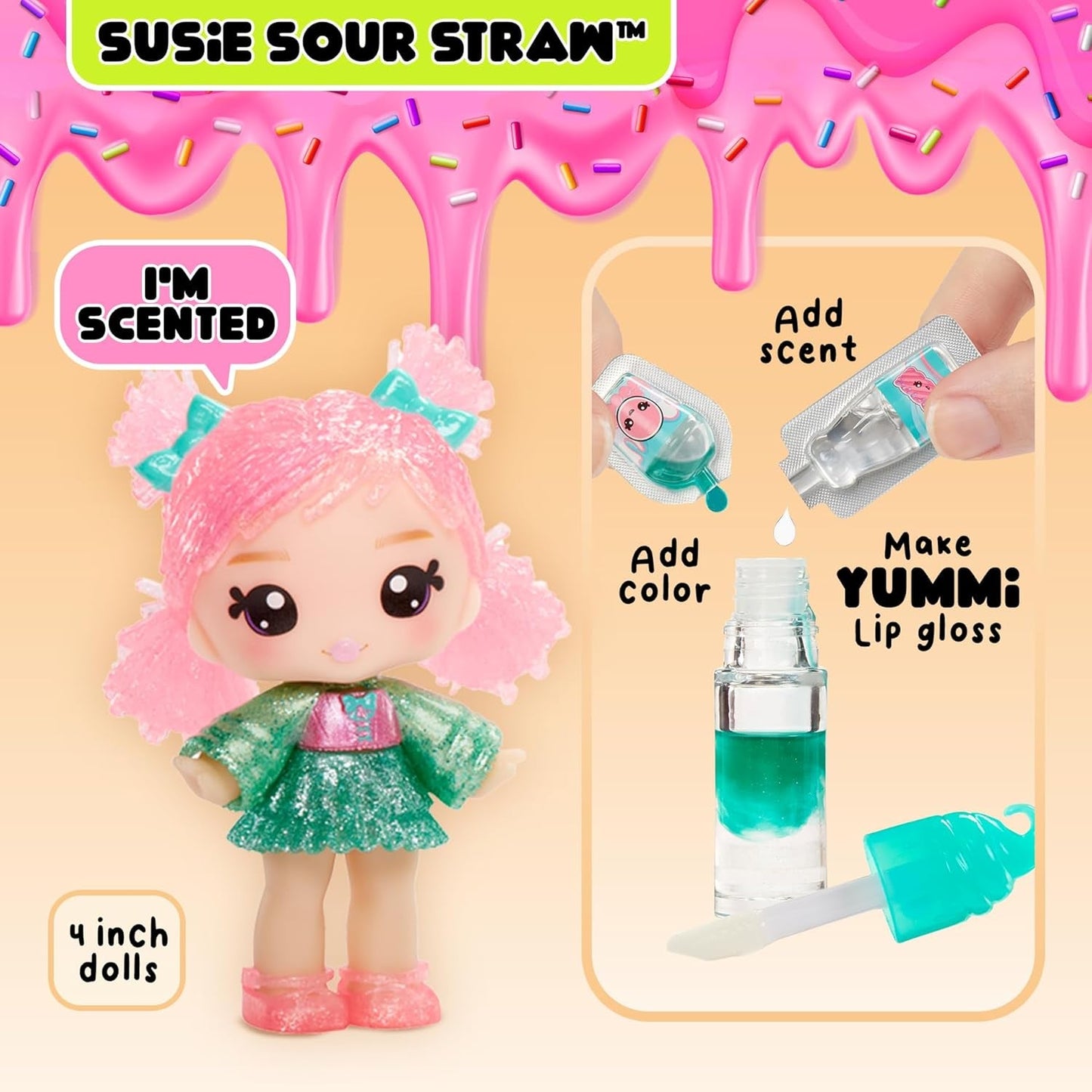 Yummiland Muñeca de brillo labial – Susie Sour Straw – Incluye kit de brillo labial DIY, apto para mayores de 4 años, Serie 2