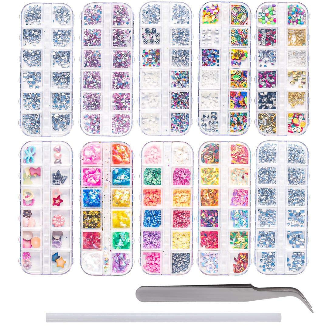 Kit de 10 cajas de diamantes de imitación para uñas, accesorios multifuncionales con 1 pinza, diamantes decorativos, cristales, perlas, gemas, coloridos, mixtos, ojos de caballo, piedras metálicas, para decoración de uñas DIY
