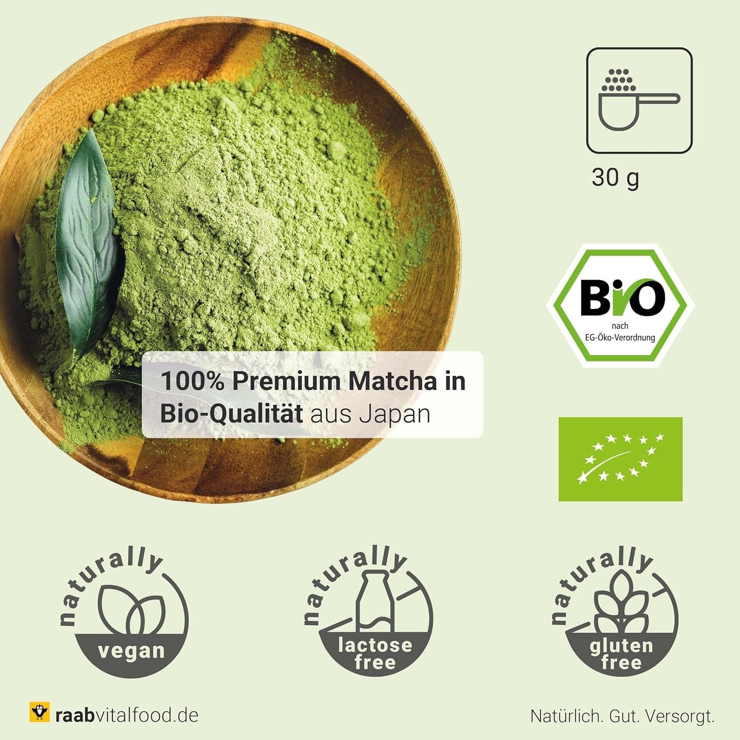 Raab Vitalfood® Premium Bio Matcha Powder (30g) - Original de Japón, matcha puro en polvo sin aditivos, finamente molido, sabor ligeramente amargo, té verde en polvo, vegano, ceremonia del té