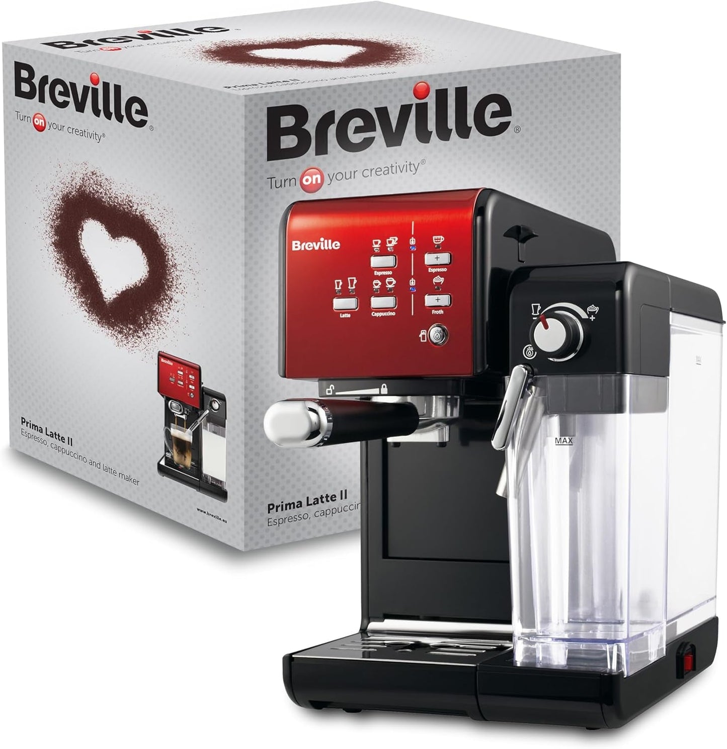 Café exprés Bréville Prima Latte II | Máquina de café con leche y capuchino | Bomba profesional con 15 bar y espumador de leche | Plata [VCF108X]