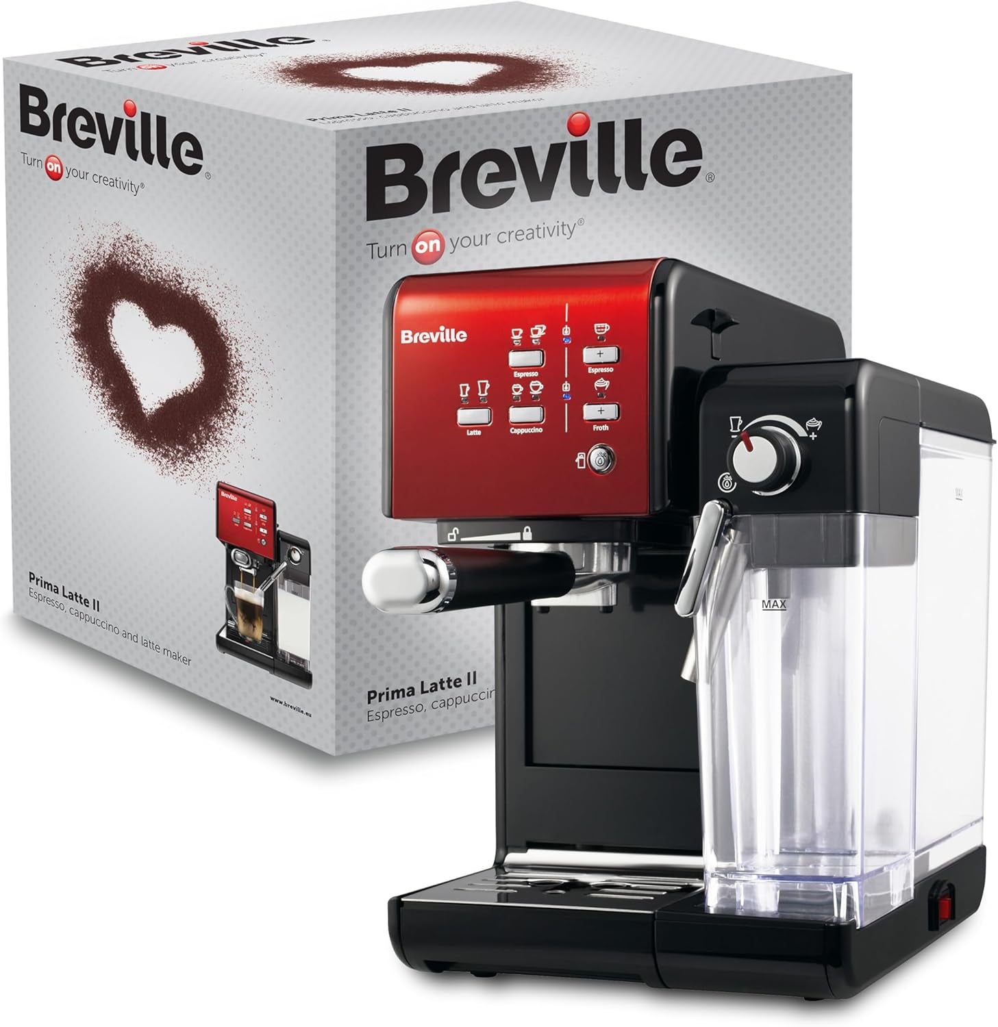 Café exprés Bréville Prima Latte II | Máquina de café con leche y capuchino | Bomba profesional con 15 bar y espumador de leche | Plata [VCF108X]