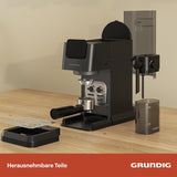 Cafetera espresso con portafiltro GRUNDIG KSM 5330 con depósito de leche integrado, potencia 1628 W, presión de bomba 15 bar, doble boquilla, pantalla táctil a color, BrewSense, CreamyPro, Acero inoxidable oscuro/Negro