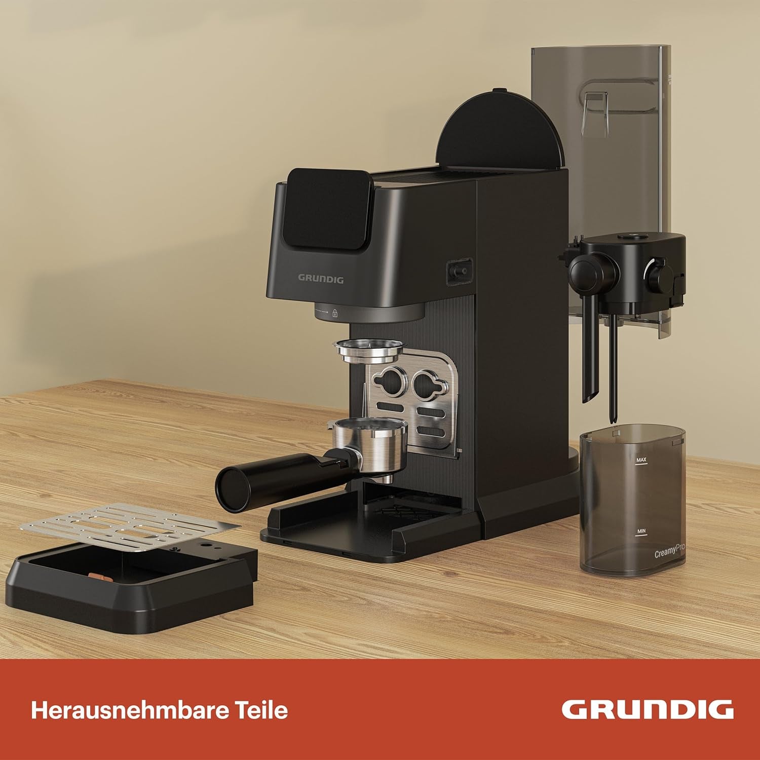 Cafetera espresso con portafiltro GRUNDIG KSM 5330 con depósito de leche integrado, potencia 1628 W, presión de bomba 15 bar, doble boquilla, pantalla táctil a color, BrewSense, CreamyPro, Acero inoxidable oscuro/Negro