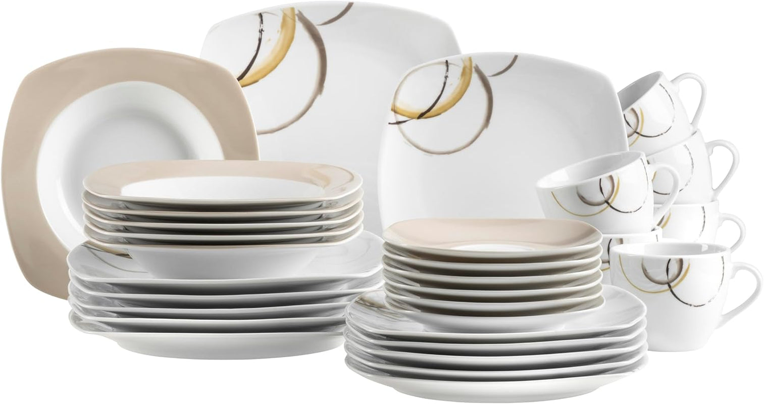 Vajilla combinada MÄSER Nela, serie 30 piezas, vajilla cuadrada para 6 personas, blanco/marrón