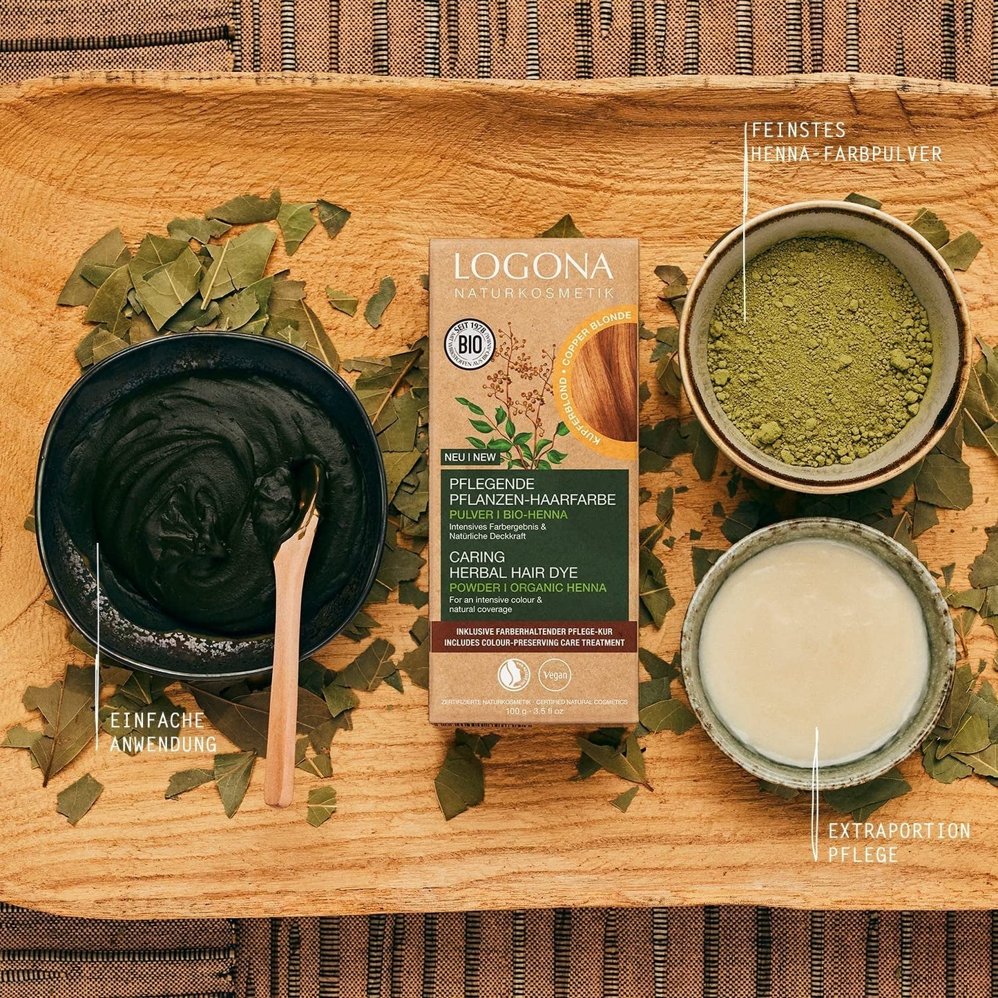LOGONA Natural Cosmetics Tinte capilar nutritivo a base de hierbas, Henna orgánica en polvo, tinte vegano para un color y brillo intensos, tinte capilar a base de hierbas en rubio cobrizo (rubio), 1 x 100 g Naty Shop Tinte para el cabello