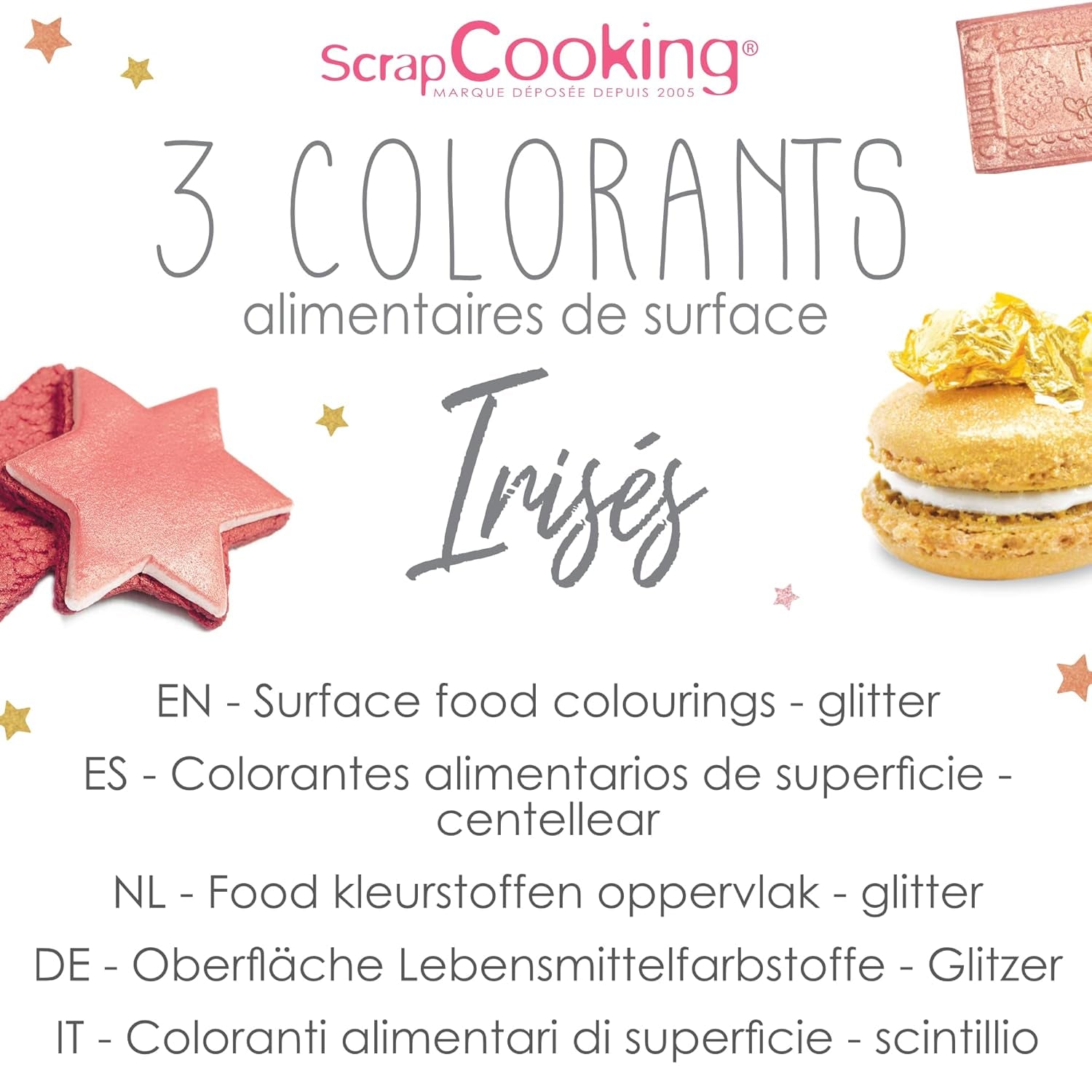 Scrapcooking - Juego de 3 colorantes alimentarios metálicos - Colorante alimentario: oro, oro rosa y rubí - Colorante alimentario comestible para hornear, pasteles, galletas, tartas, chocolate - 4019