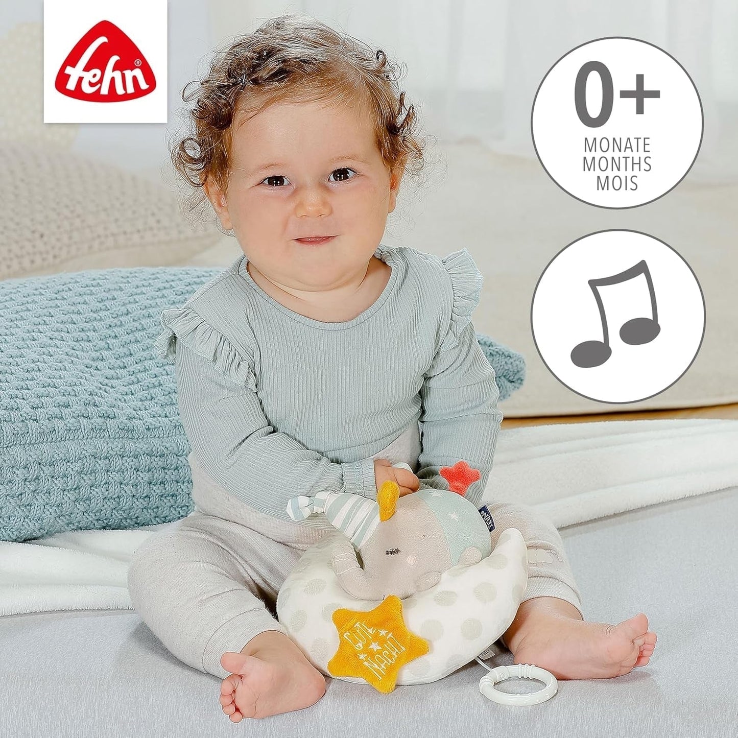 Caja de música Fehn bebé elefante en la luna - bordado "Brilla en la oscuridad" con la canción "La luna ha salido" - peluche para conciliar el sueño - juguete para niños de viaje y en casa - a partir de 0 meses Juguetes para bebés Naty Shop