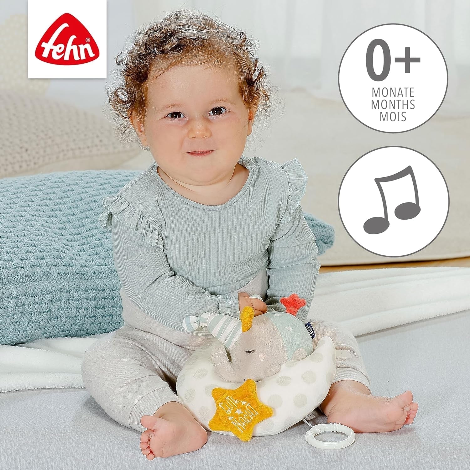 Caja de música Fehn bebé elefante en la luna - bordado "Brilla en la oscuridad" con la canción "La luna ha salido" - peluche para conciliar el sueño - juguete para niños de viaje y en casa - a partir de 0 meses Juguetes para bebés Naty Shop