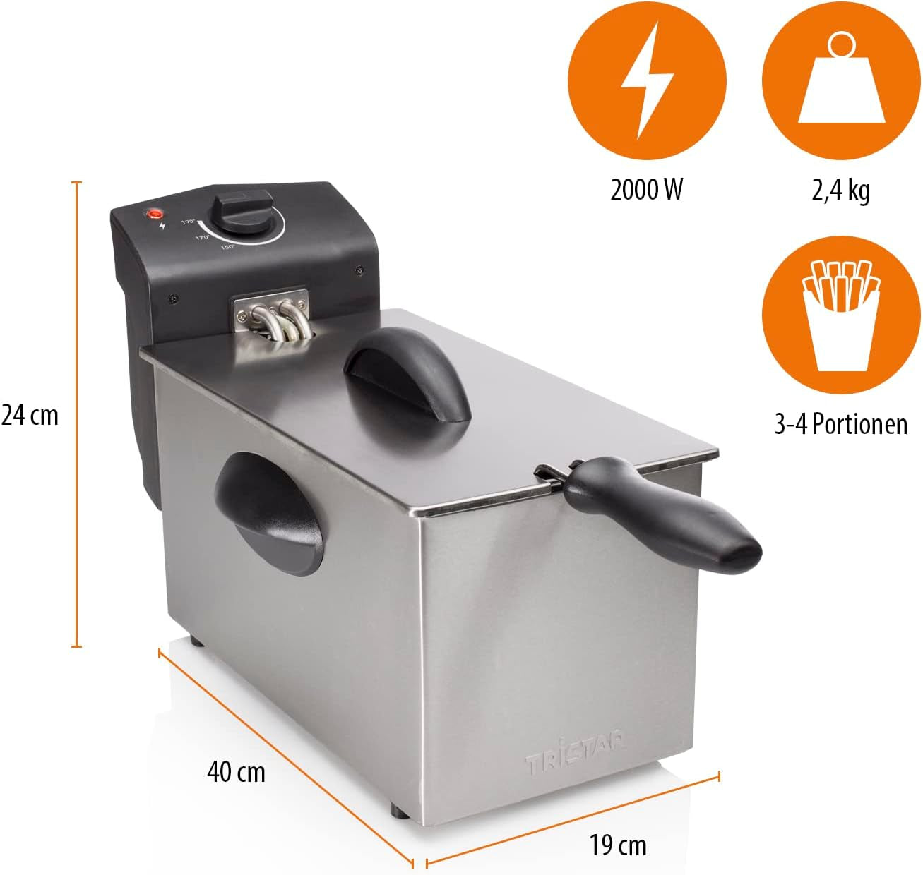Freidora de aceite Tristar FR-6935, 2000 vatios, 3 litros, termostato, zona fría, 3-4 personas, metal Electrodomésticos Naty Shop