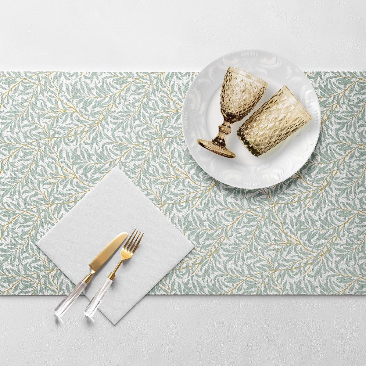 PAW - Camino de Mesa Airlaid (40 Cm X 24 M) I Decoración de Mesa para Comunión, Confirmación, Boda, Aniversario, Fiesta en el Jardín, Bautizo I Decoración de Mesa Elegante Cinta de Mesa - Rama de Sauce I Rama de Sauce