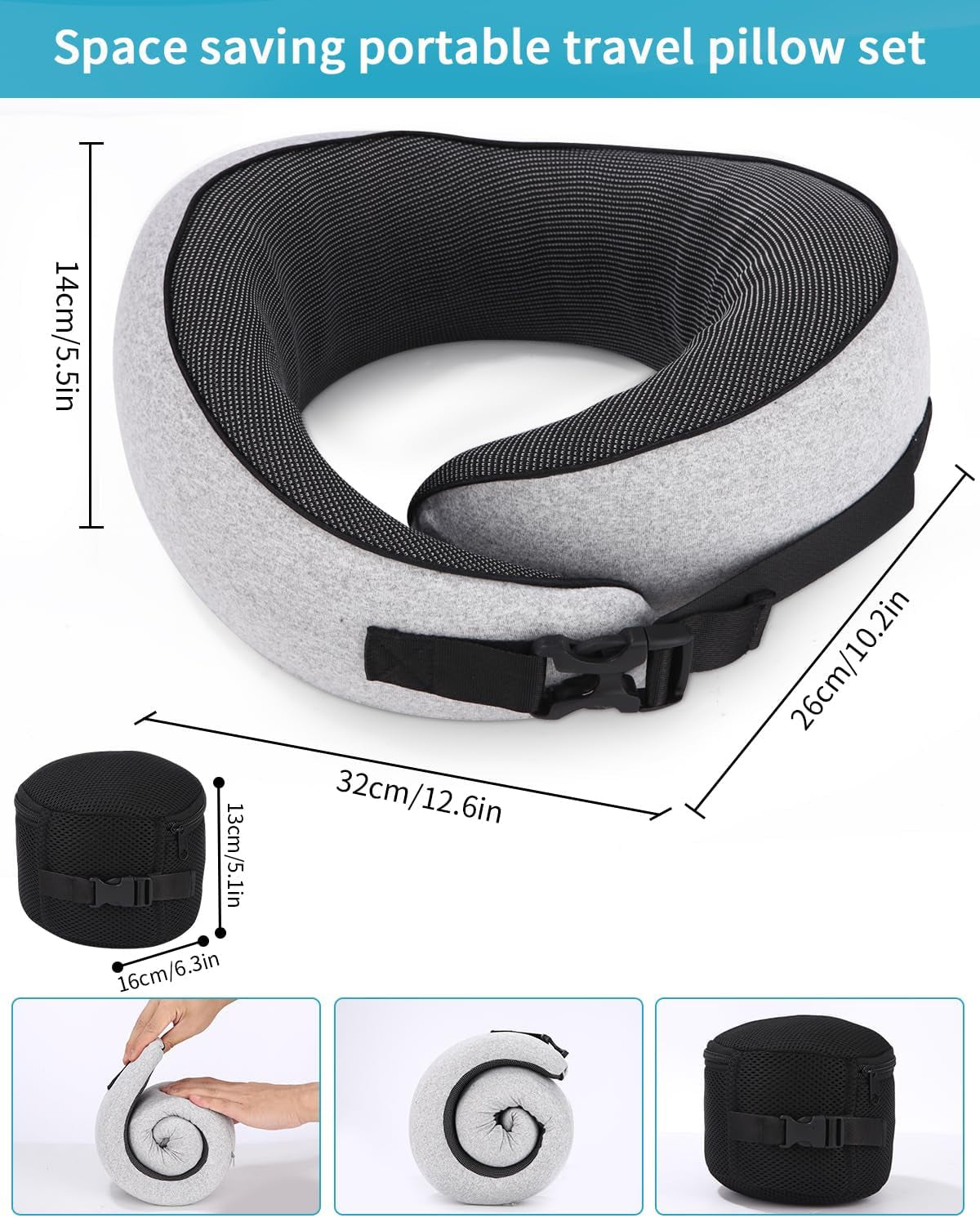 Almohada de cuello de avión, almohada de viaje de espuma viscoelástica, almohada de cuello para adultos, almohada de avión lavable ajustable, almohada de viaje ergonómica (gris) Almohadas ortopédicas cervicales Naty Shop