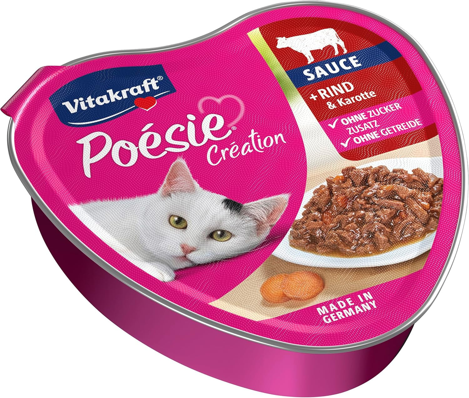 Vitakraft Poésie Création, comida húmeda para gatos, comida húmeda en salsa, con ternera y zanahoria, paquete a granel, sin azúcares ni cereales añadidos (15 x 85 g)