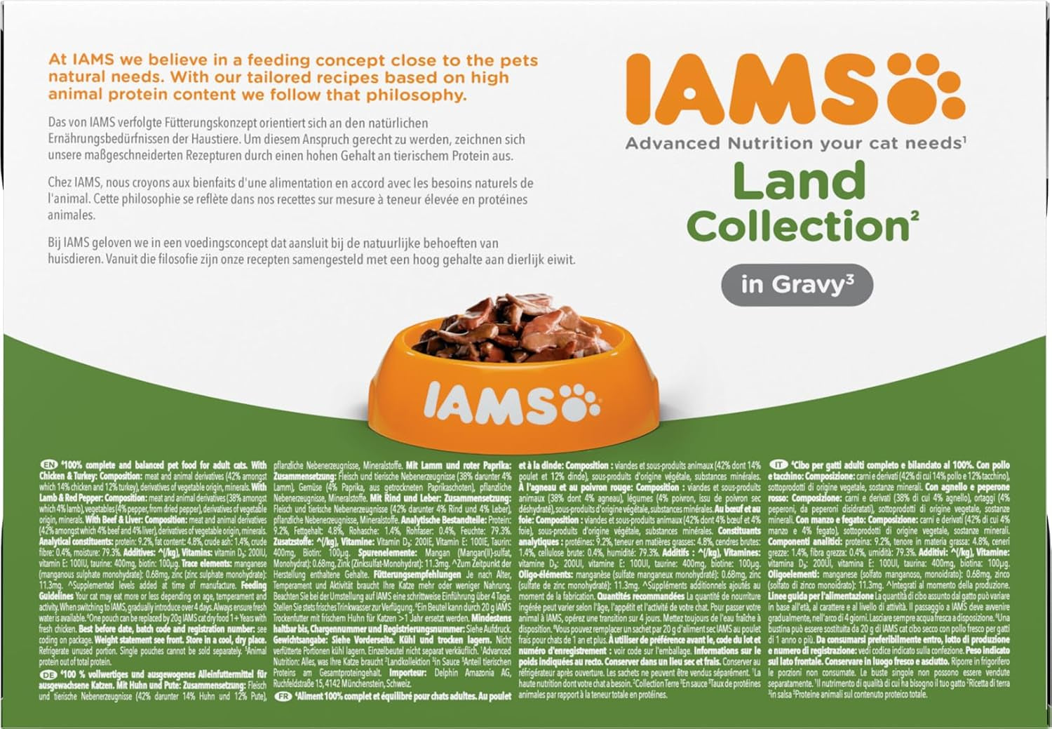 IAMS Delights Land Collection Comida húmeda para gatos - Multi-pack con variedades de carnes (cordero, ternera, pollo y pavo) en salsa, comida húmeda para gatos a partir de 1 año, 12 x 85g