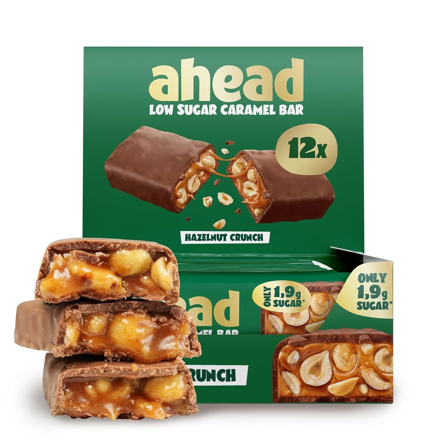 Barras de chocolate con caramelo y avellanas por delante | 12 tabletas de chocolate x 35 g sin azúcares añadidos | 1,9 g de azúcar por barra | Crujiente sabor avellana y caramelo | Dulces bajos en carbohidratos | Sin aceite de palma