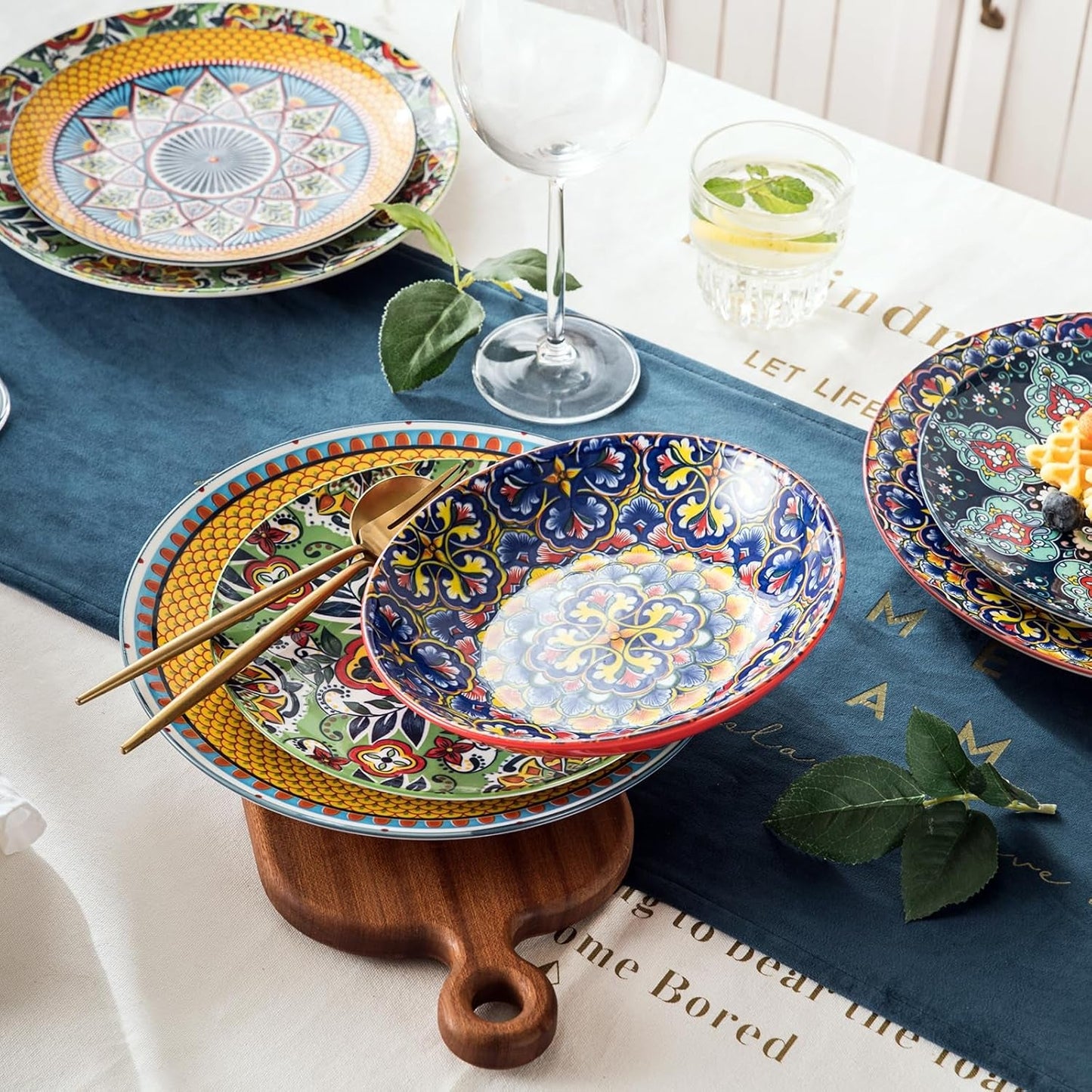HENXFEN LEAD Vajilla de Porcelana, Vajilla de 12 Piezas para 4, Vajilla Colorida para 4 - Platos Pintados a Mano, Platos de Postre, Platos de Sopa - Estilo Bohemio