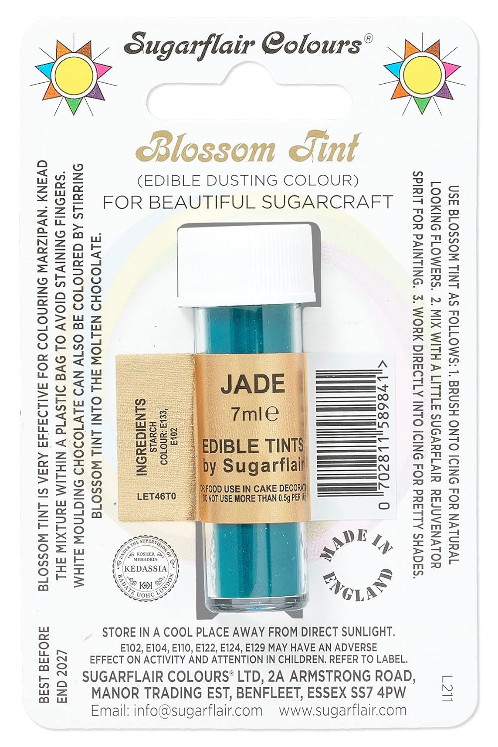 Colorante alimentario en polvo Sugarflair Blossom Tint Dusting Jade - Colorante alimentario en polvo para decorar pasta de azúcar coloreada, fondant, glaseado, chocolate, crema de mantequilla, macarrones - 7ml