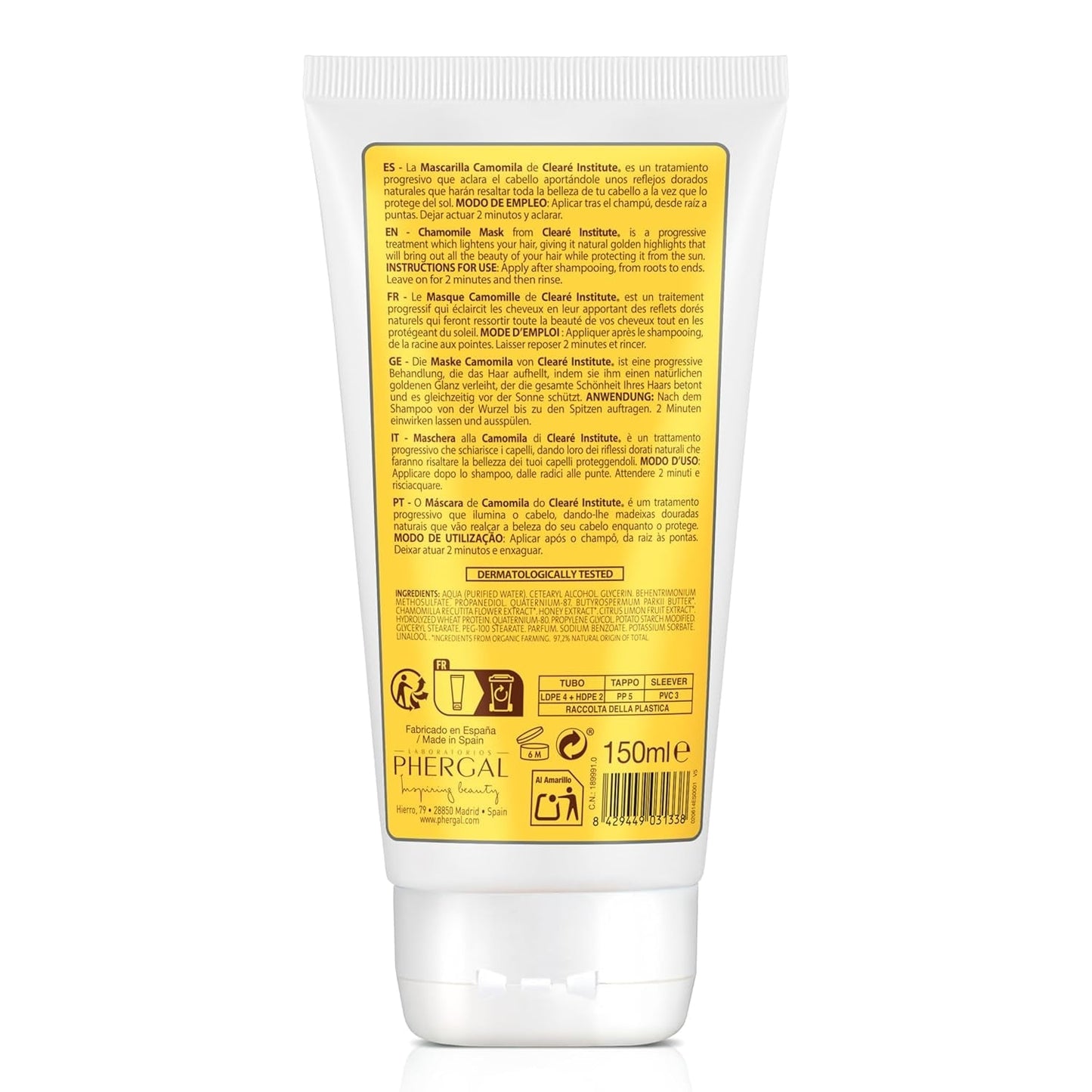 Instituto Clearé | Mascarilla de manzanilla | Nutre, acondiciona y desenreda | Brillo y Brillo Dorado | 97% ingredientes naturales | Calma el cuero cabelludo Con extracto de manzanilla |150 ml Mascarilla capilar Naty Shop