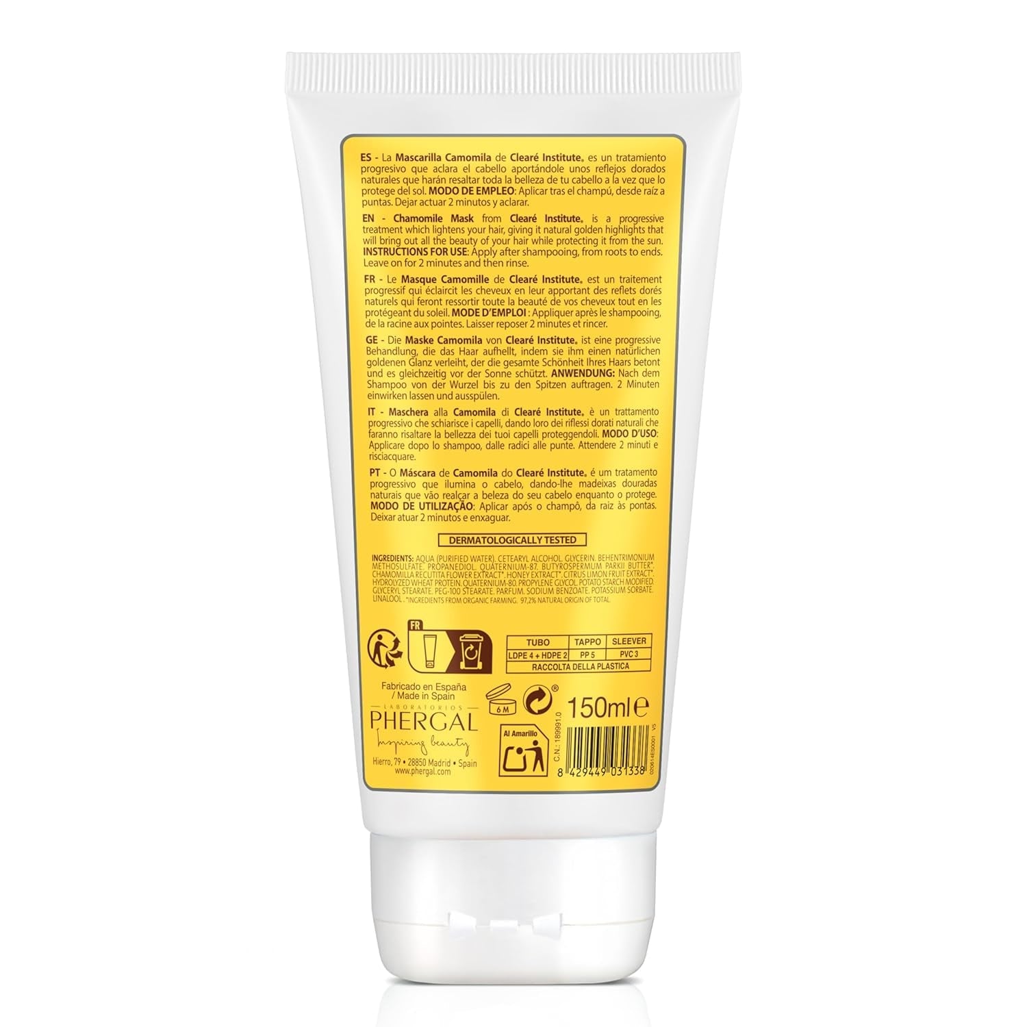 Instituto Clearé | Mascarilla de manzanilla | Nutre, acondiciona y desenreda | Brillo y Brillo Dorado | 97% ingredientes naturales | Calma el cuero cabelludo Con extracto de manzanilla |150 ml Mascarilla capilar Naty Shop