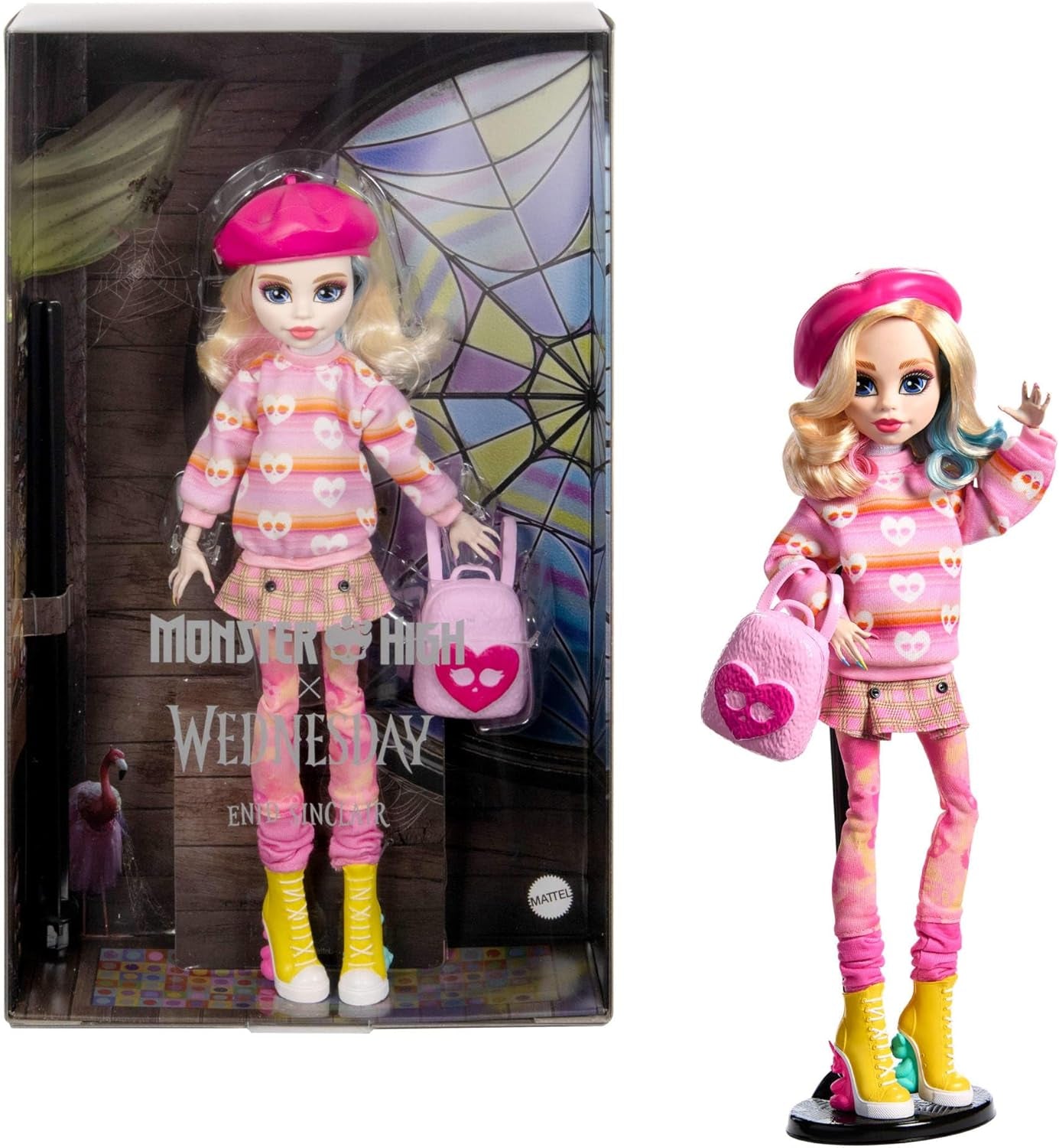 Muñeca Monster High Wednesday y accesorios Figura coleccionable de Enid Sinclair rosa con boina y mochila Soporte para muñecas HXJ05