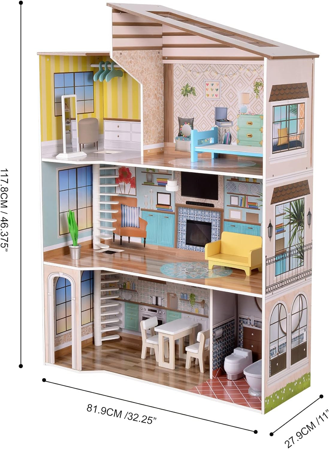 Olivia's Little World Casa de muñecas interactiva de madera de 3 pisos de estilo mediterráneo contemporáneo para niños con 17 accesorios para muebles de muñecas Multicolor TD-13551B